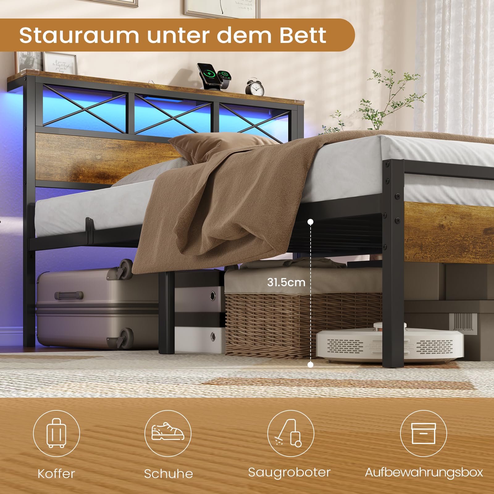 DICTAC Gästebett 90x200 cm mit USB-C & USB-Ladestation + 2 Steckdosen – Platzsparendes Metallbettgestell mit LED-Beleuchtung & Metall-Lattenrost – Einzelbett für Gästezimmer