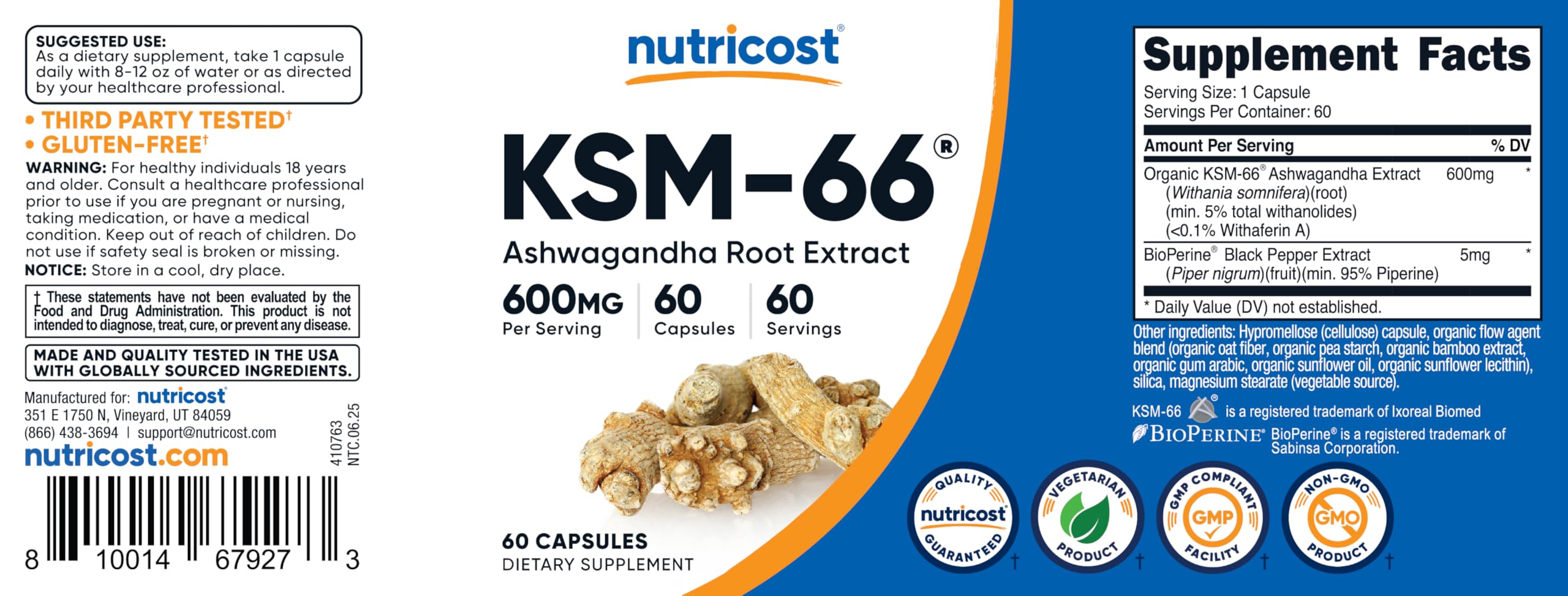 Nutricost KSM-66 Ashwagandha Root Extract 600mg, 60 Veggie Caps (3 Bottles) - 5% Withanolides - with BioPerine