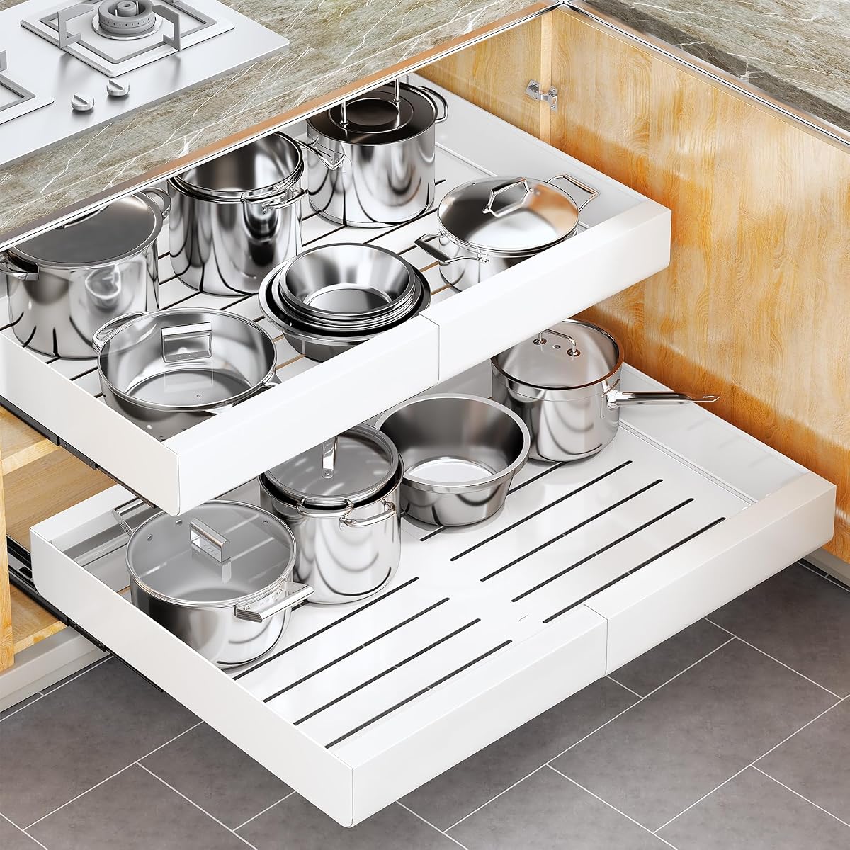 Organizador de gabinete extraíble, cajones deslizantes más anchos y expandibles (35,5 a 61 cm), resistentes fijados con nanopelícula adhesiva para ollas, almacenamiento en estante enrollable para organización de gabinetes de cocina (blanco-1 pieza) (3 rieles)