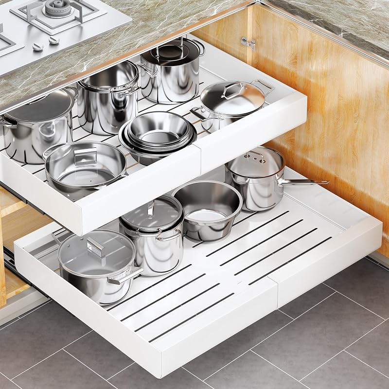Organizador de gabinete extraíble, cajones deslizantes más anchos y expandibles (35,5 a 61 cm), resistentes fijados con nanopelícula adhesiva para ollas, almacenamiento en estante enrollable para organización de gabinetes de cocina (blanco-1 pieza) (3 rieles)
