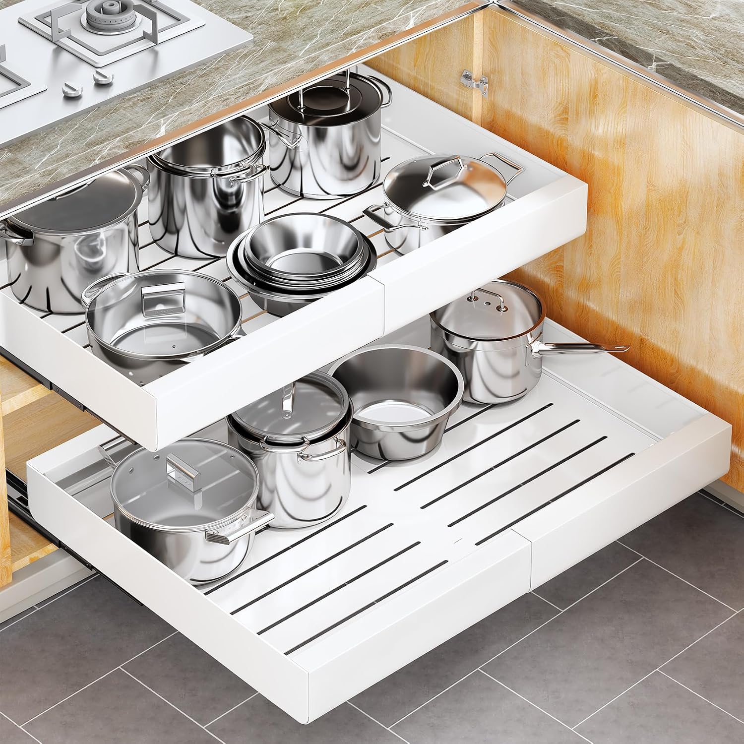 Pull out Cabinet Organizer, 2-pack, Expandable(12"-20") Heavy Duty Slide out Drawers Fixed with Adhesive Nano Film for Pots, Roll out Shelf Storage for Kitchen Base Cabinet Organization(3 Rails), view 13