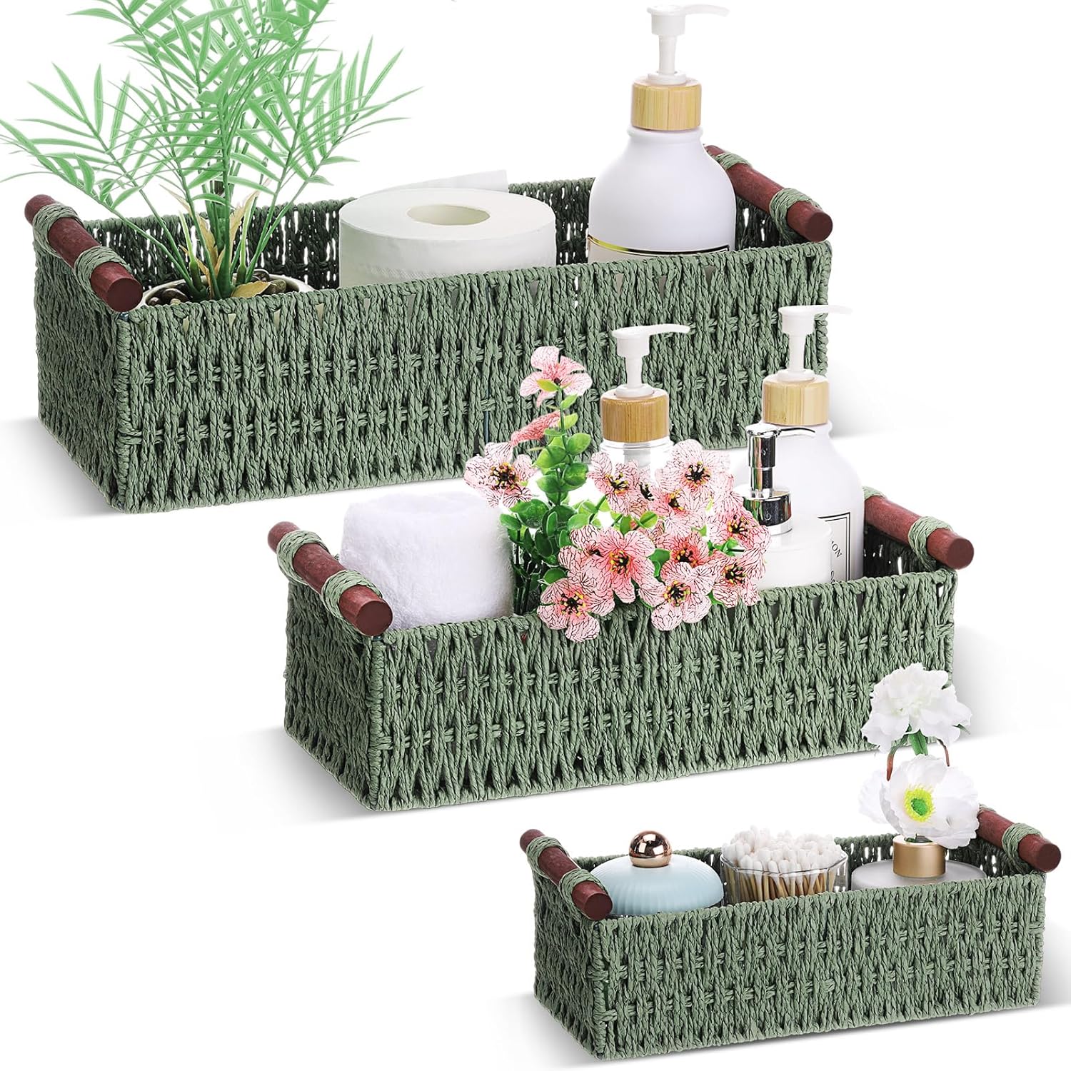 Boao 3 Pcs Boho Storage Wicker Baskets Handmade Woven Decorative Paper Rope Baskets for Organizing with Handle Countertop Toilet Paper Storage Container for Toilet Tank Top