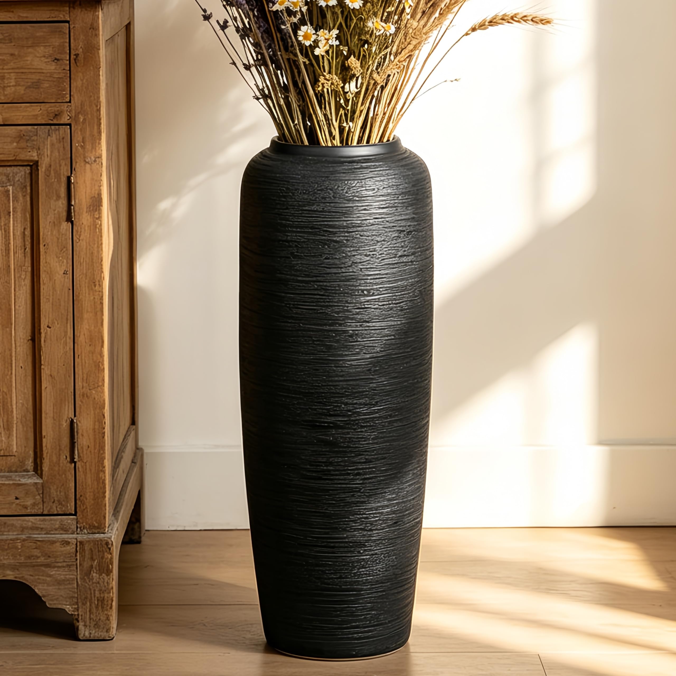 Vintage Keramik Schwarz Bodenvase, 50 cm, Rustikaler Boho Stil für Pampasgras, Blumen oder Dekor, Perfekt für Wohnzimmer, Eingang oder Tisch