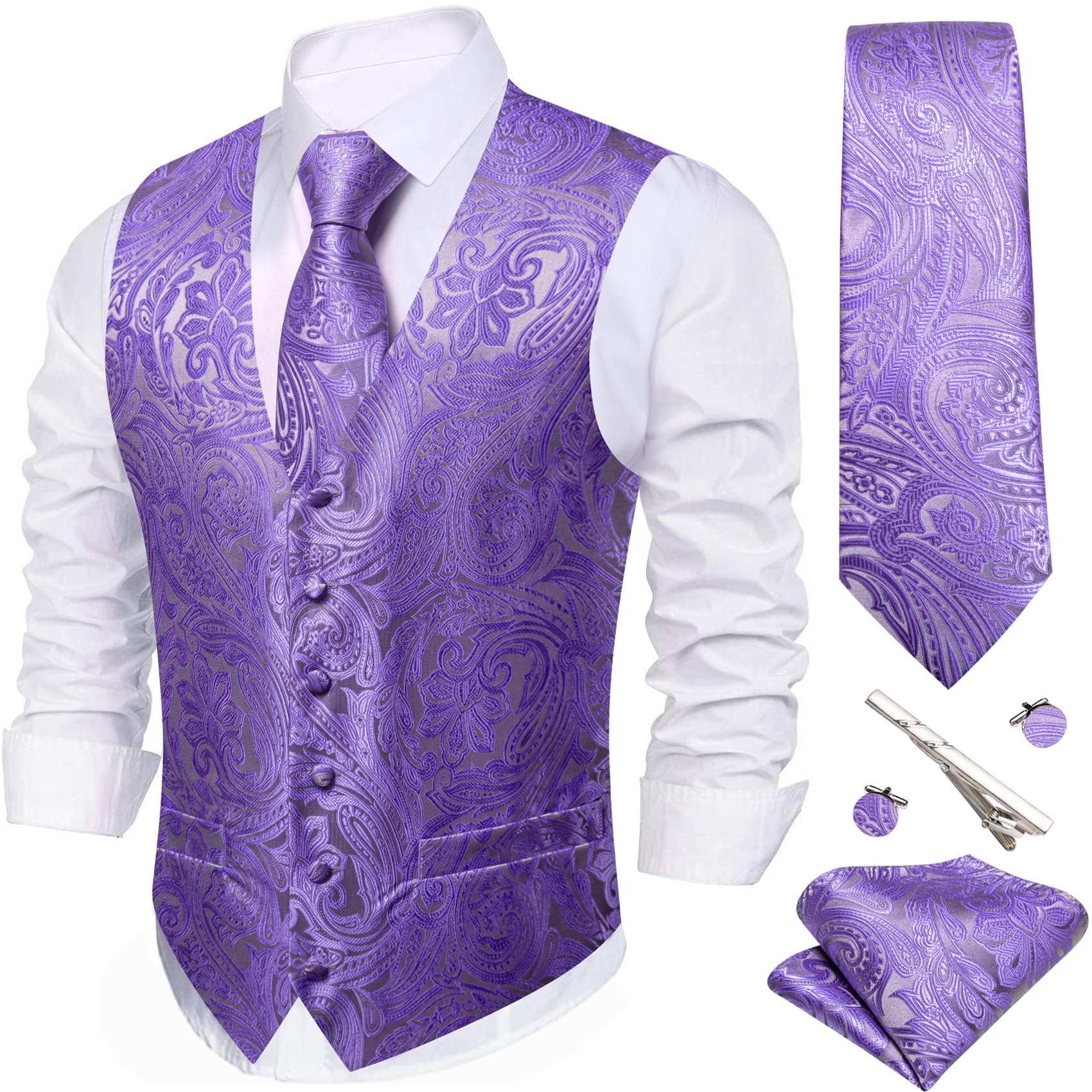 Barry.Wang Men's Suit Vest Formal/Casual Paisley Silk Tie Vests 5PCS