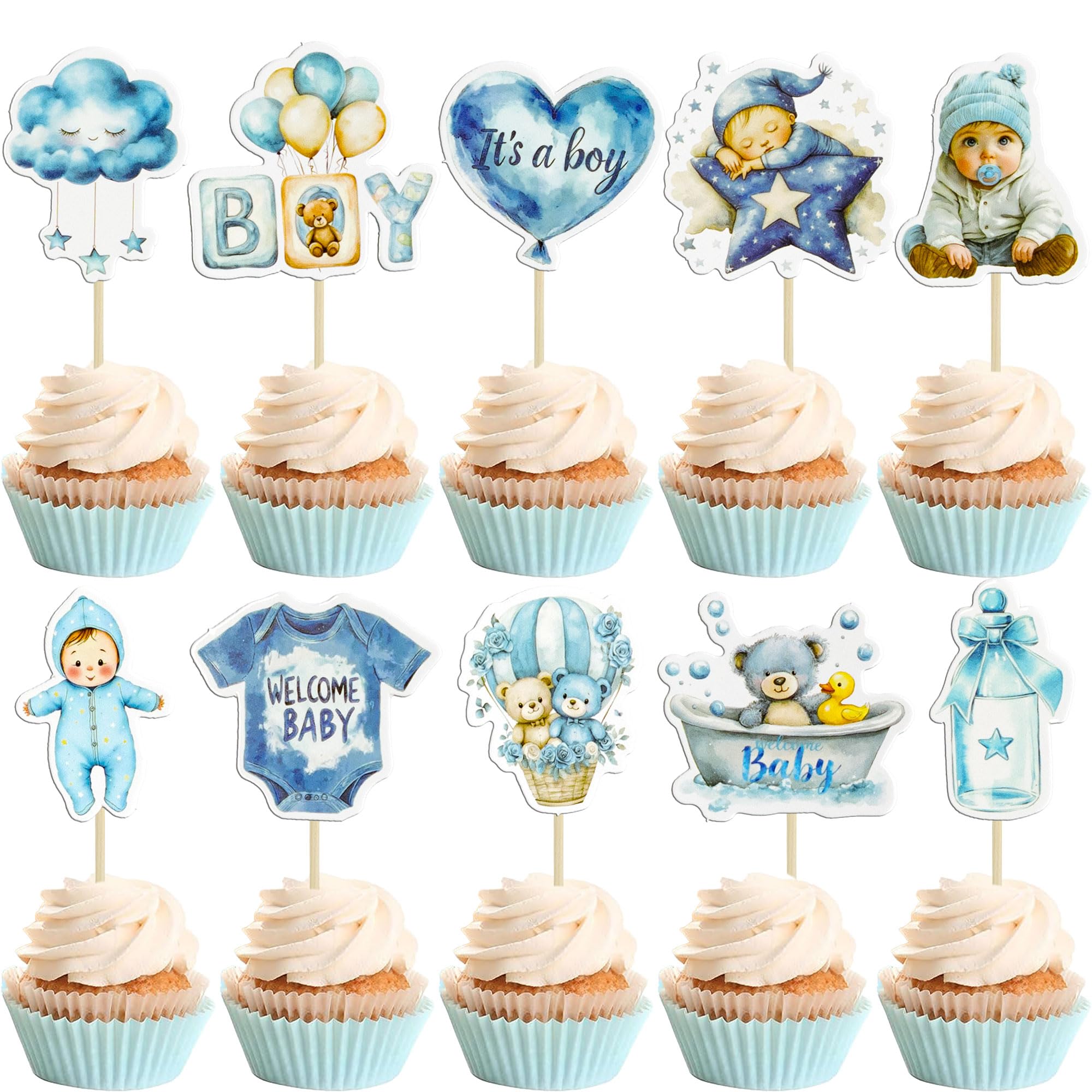 Gyufise 40Pcs Baby Boy Cupcake Toppers Baby Shower Decorations for Boys Balloon Star Moon Bear It's a Boy Cupcake Picks for Baby Shower Kids Boys Birthday Party Supplies Deep Blue