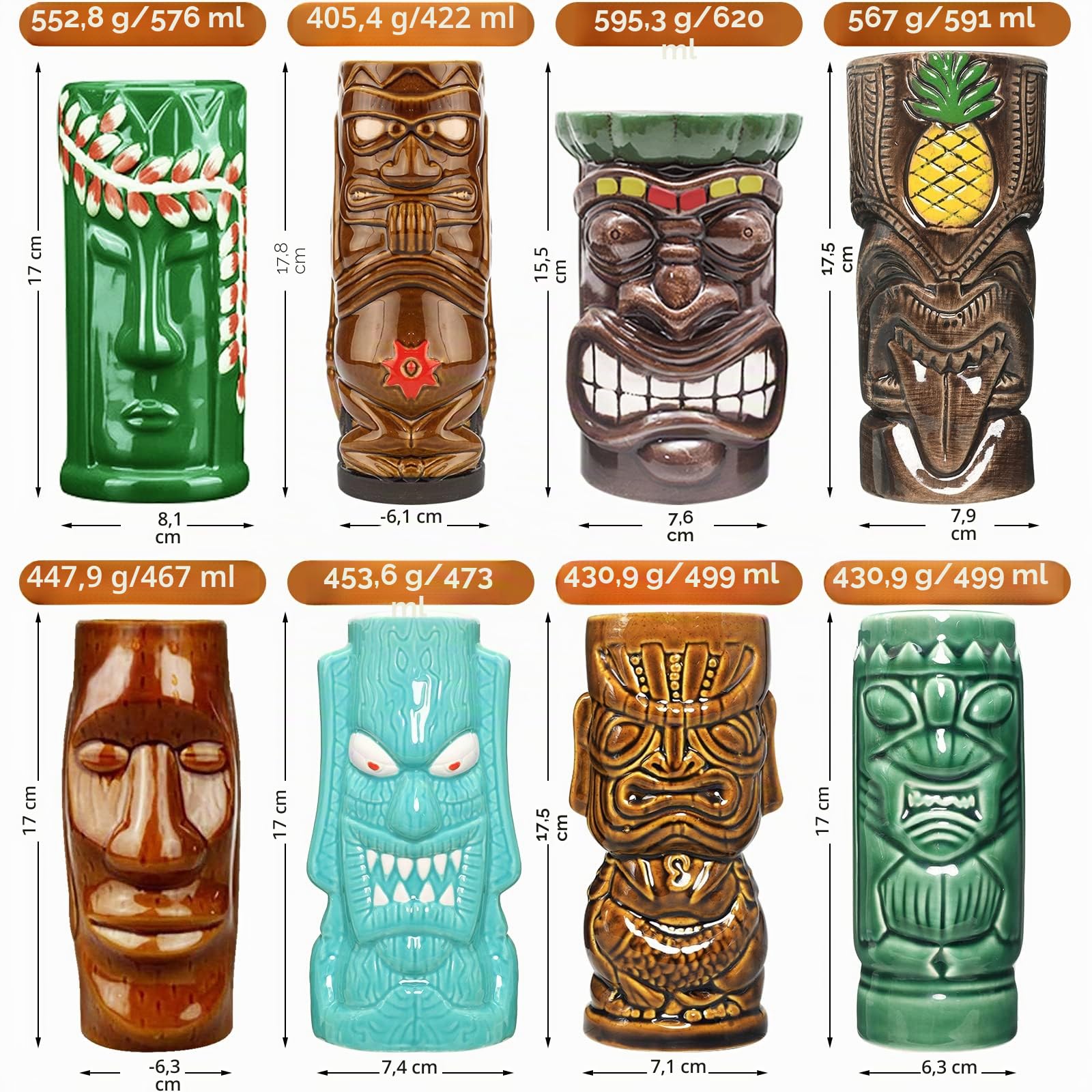 Tiki Mugs Lot de 8 tasses en céramique hawaïennes pour cocktails et fêtes exotiques