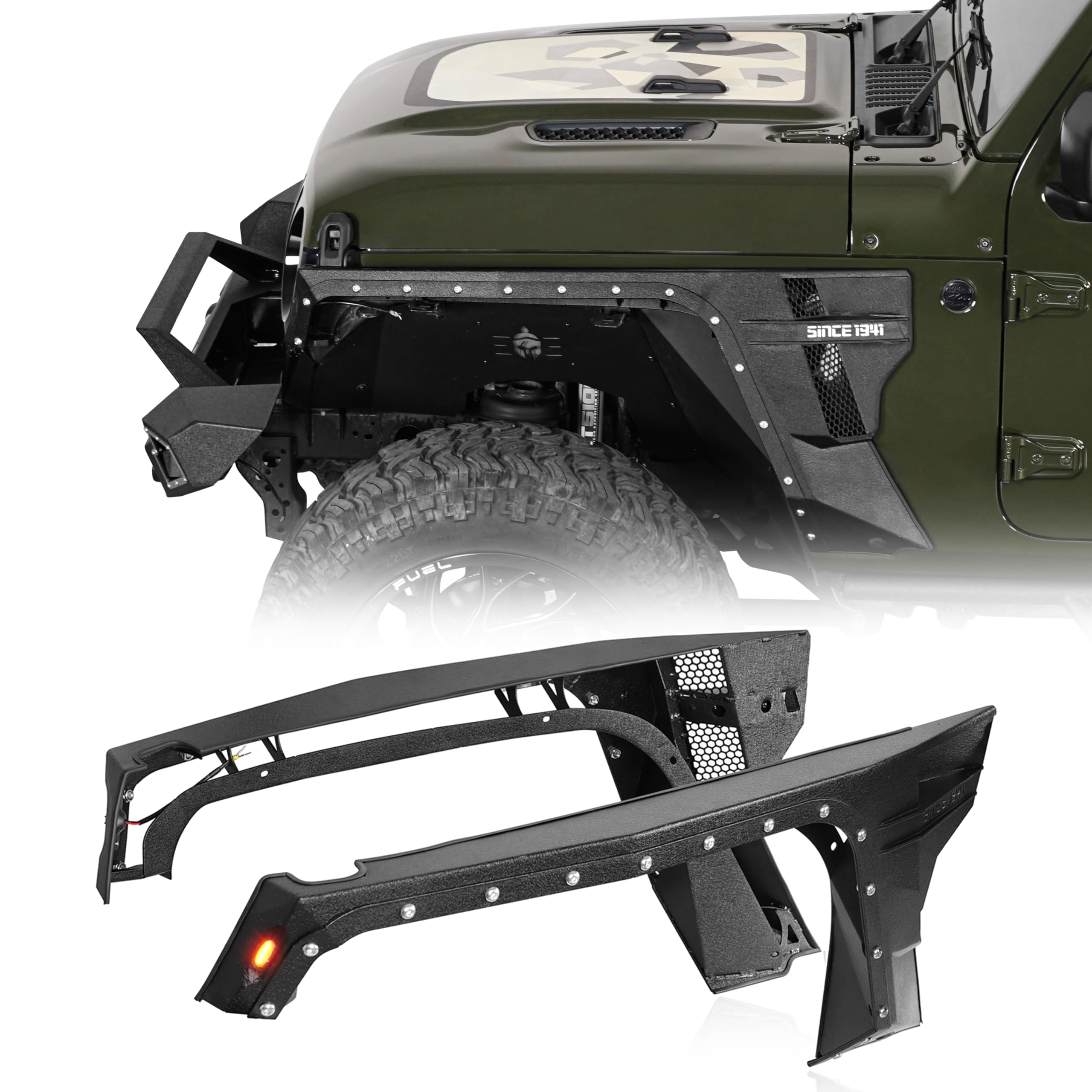 Hooke Road JL/JT Armor Style Front Fender Flares for 2018-2025 Jeep Wrangler JL & Gladiator JT 2/4 Door - Include LED Turn Signal LightsGlobal Recycled StandardGlobal Recycled StandardGlobal Recycled Standard
