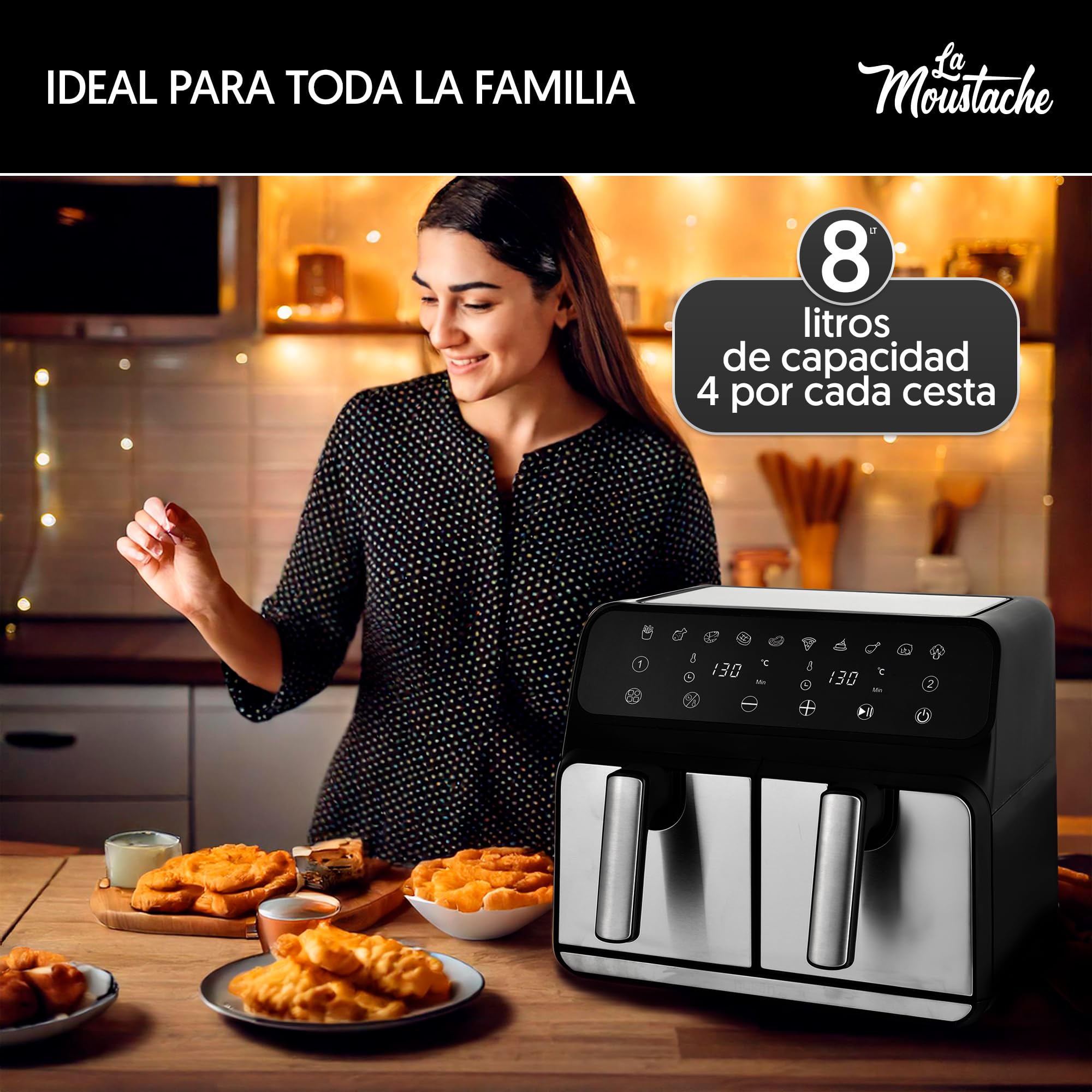 La Moustache - Freidora de Aire sin Aceite 8L con Doble Cesta, 2 Cestas Independientes de 4L, Air Fryer 6 en 1, 1700W, 10 Modos, 60-200 °C, Apta para Lavavajillas (DuoFry Gray)