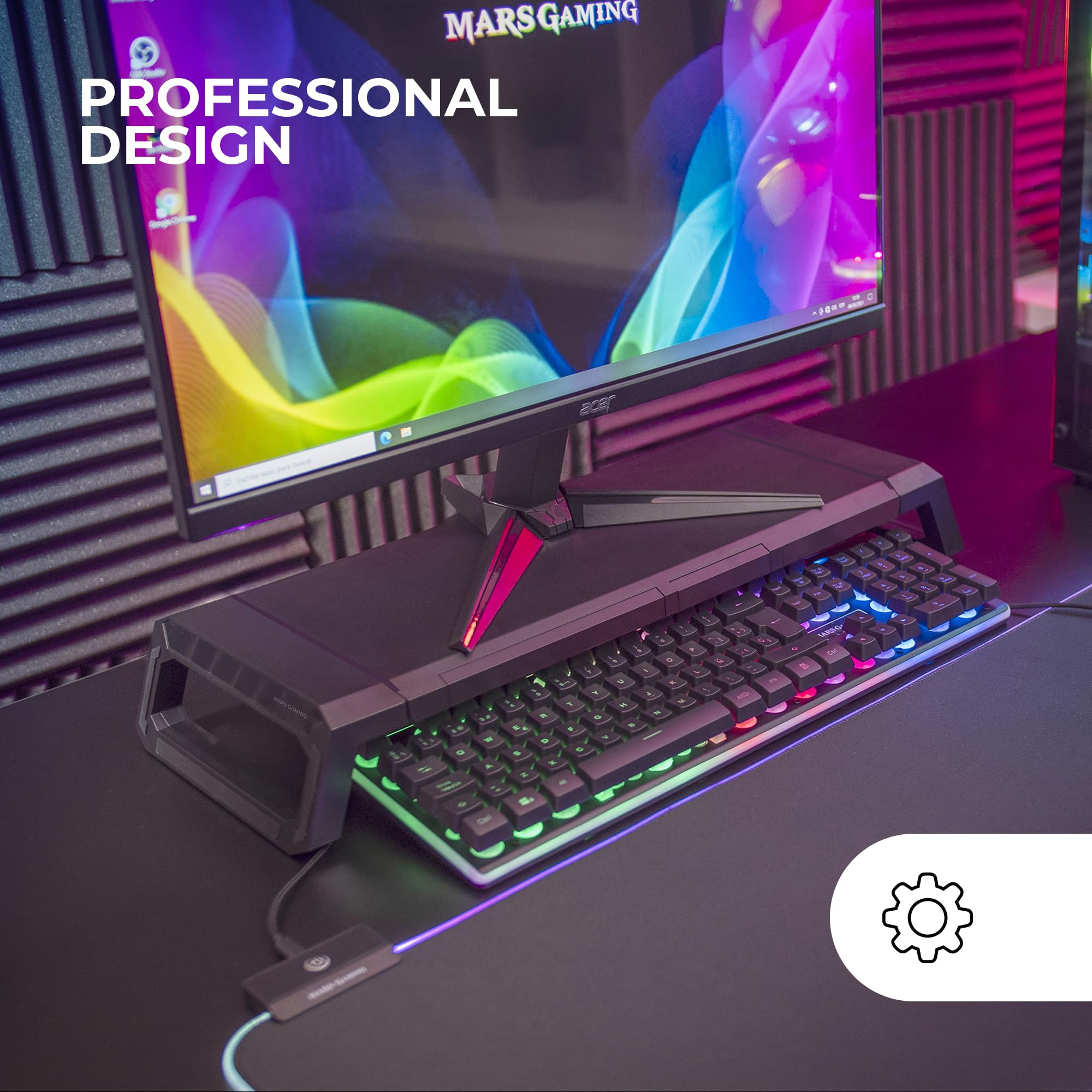 Mars Gaming MGS-PRO, Supporto Ergonomico per Monitor, Supporto Professionale per Smartphone e Tablet, Regolabile in 3 Misure, Cassetto Multifunzione, Nero