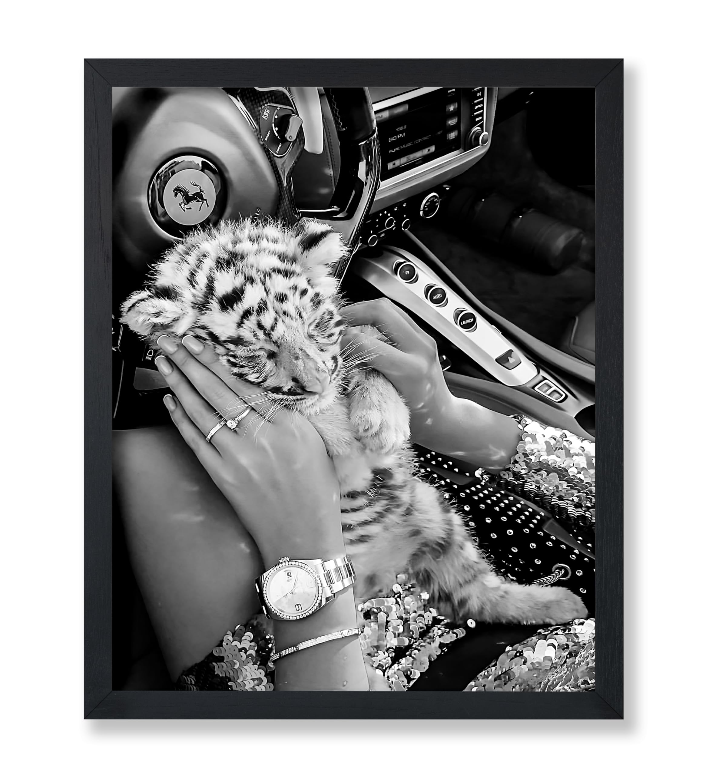 Poster Master Tiger Poster - Baby Tiger in Car Print - Fashion Art - Wild Cat Art - Animal Art - Car Art - Black and White Art - Photography Art - Living Room or Office Decor - 8x10 UNFRAMED Wall Art