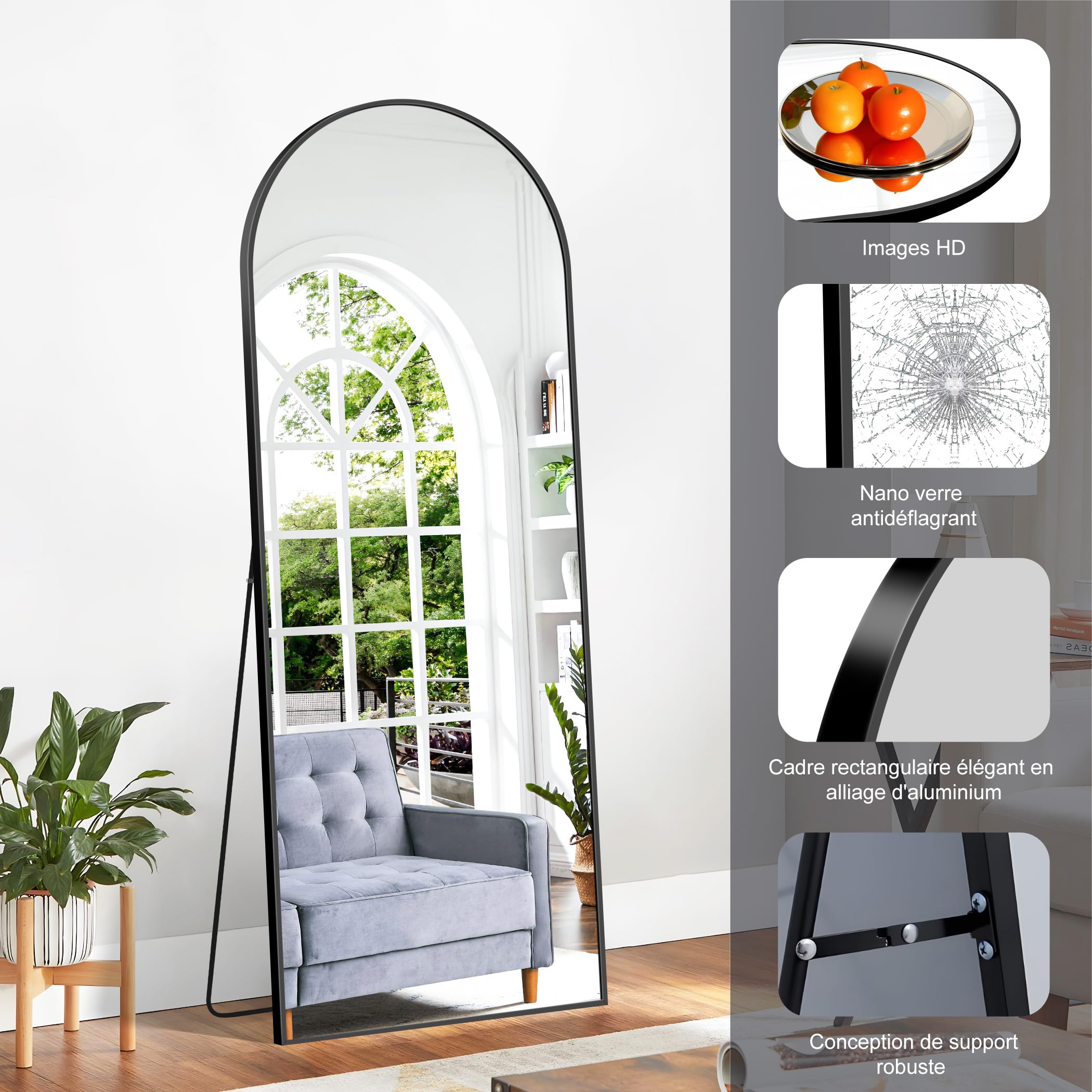 Specchio da bagno ad arco nero, 61 x 91 cm, specchio da parete ad arco con cornice in legno, specchio moderno in vetro temperato per camera da letto, ingresso, soggiorno (61 x