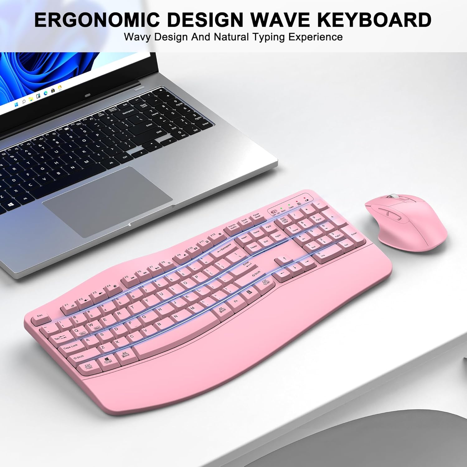 Wireless Keyboard and Mouse Combo, 2.4G Full Size Wave Keys Ergonomic Keyboard with Wrist Rest and 3-Level DPI Adjustable Wireless Ergonomic Mouse for Windows, Mac OS Desktop/Laptop/PC(Pink) - Image 2