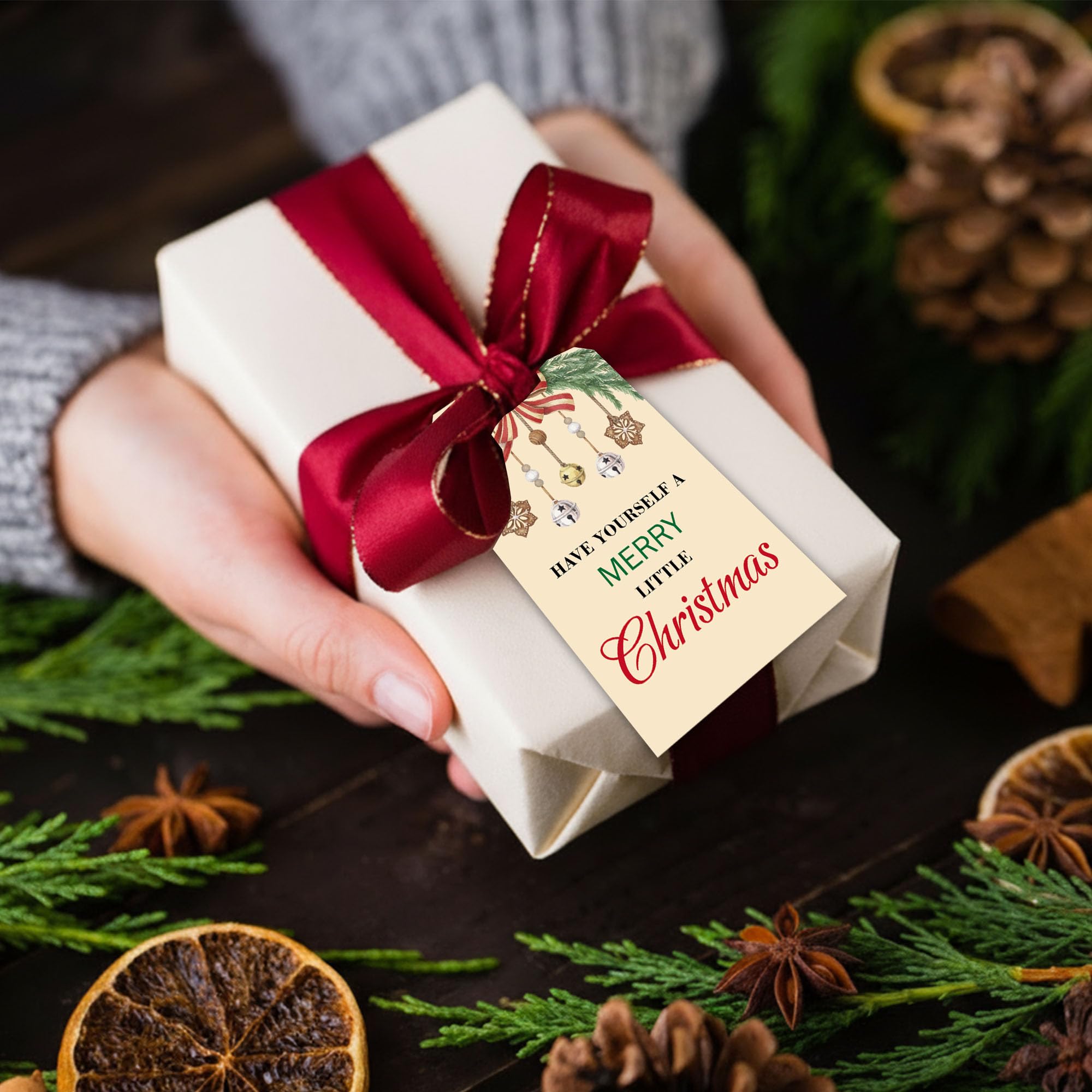 C09 Weihnachts-Geschenkanhänger aus Papier, mit Schnur, 5,1 x 8,9 cm, Weihnachts-Stechpalme und Schleife, "Have Yourself A Merry Little Christmas", Weihnachtsdekoration, Partyzubehör