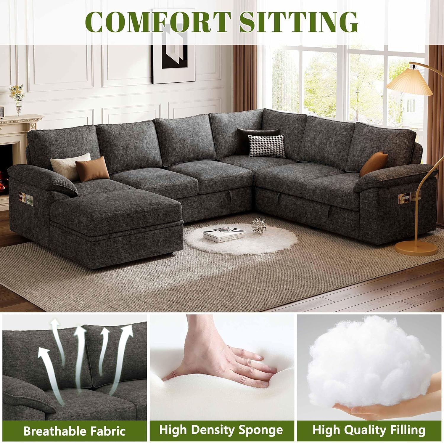 Modular Sectional Sofa 110.6" U-Shaped Modern Comfy Cloud Couch, 5-Seat Chenille Deep Seat Sofa with Throw Pillow & Movable Ottoman for Living Room — view 3