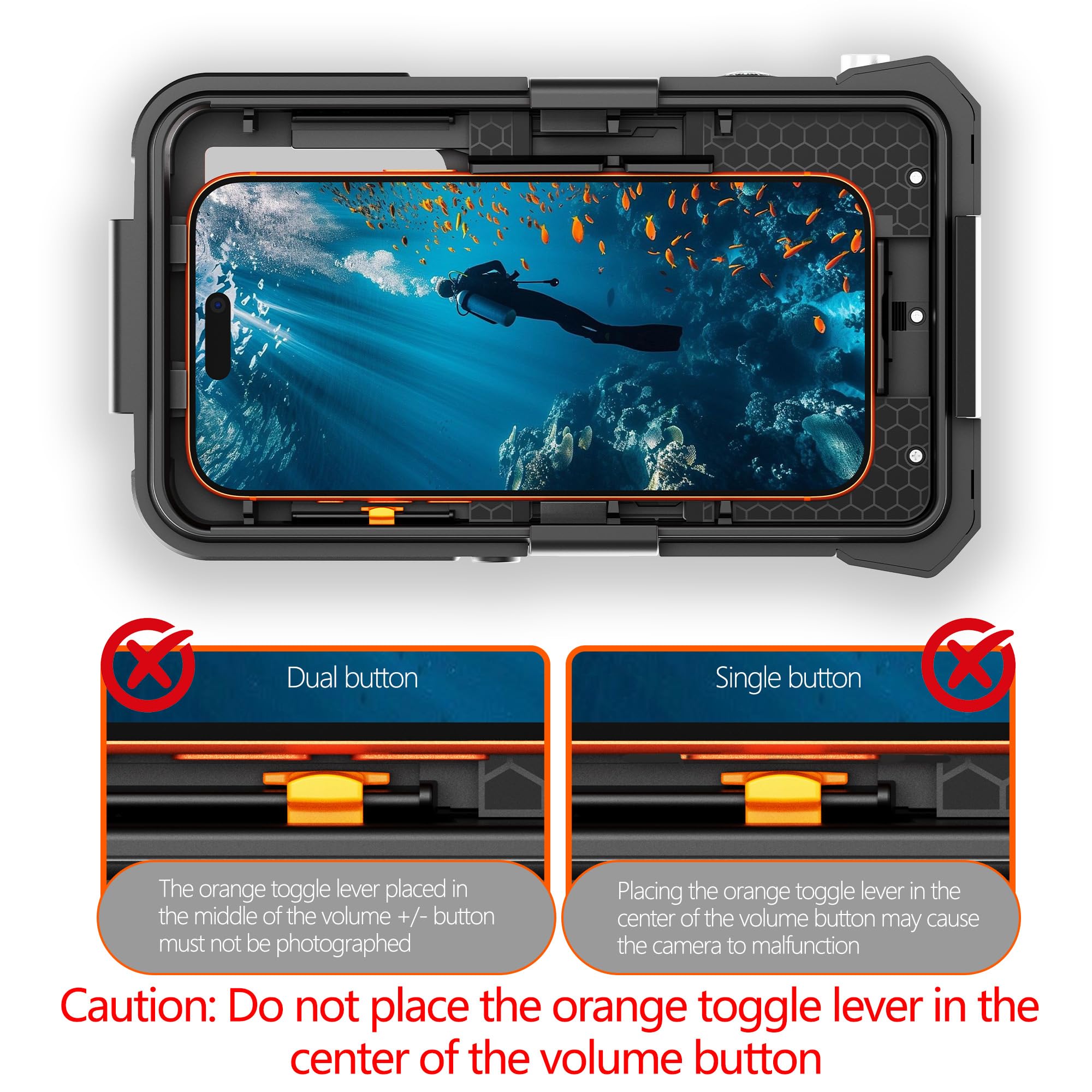 Mangix Funda de teléfono subacuática para iPhone 17/16/15/14/13 Pro Max/Pro/Plus/Air y más, fotografía subacuática de 15 m para esnórquel, video fotográfico, negro/naranja