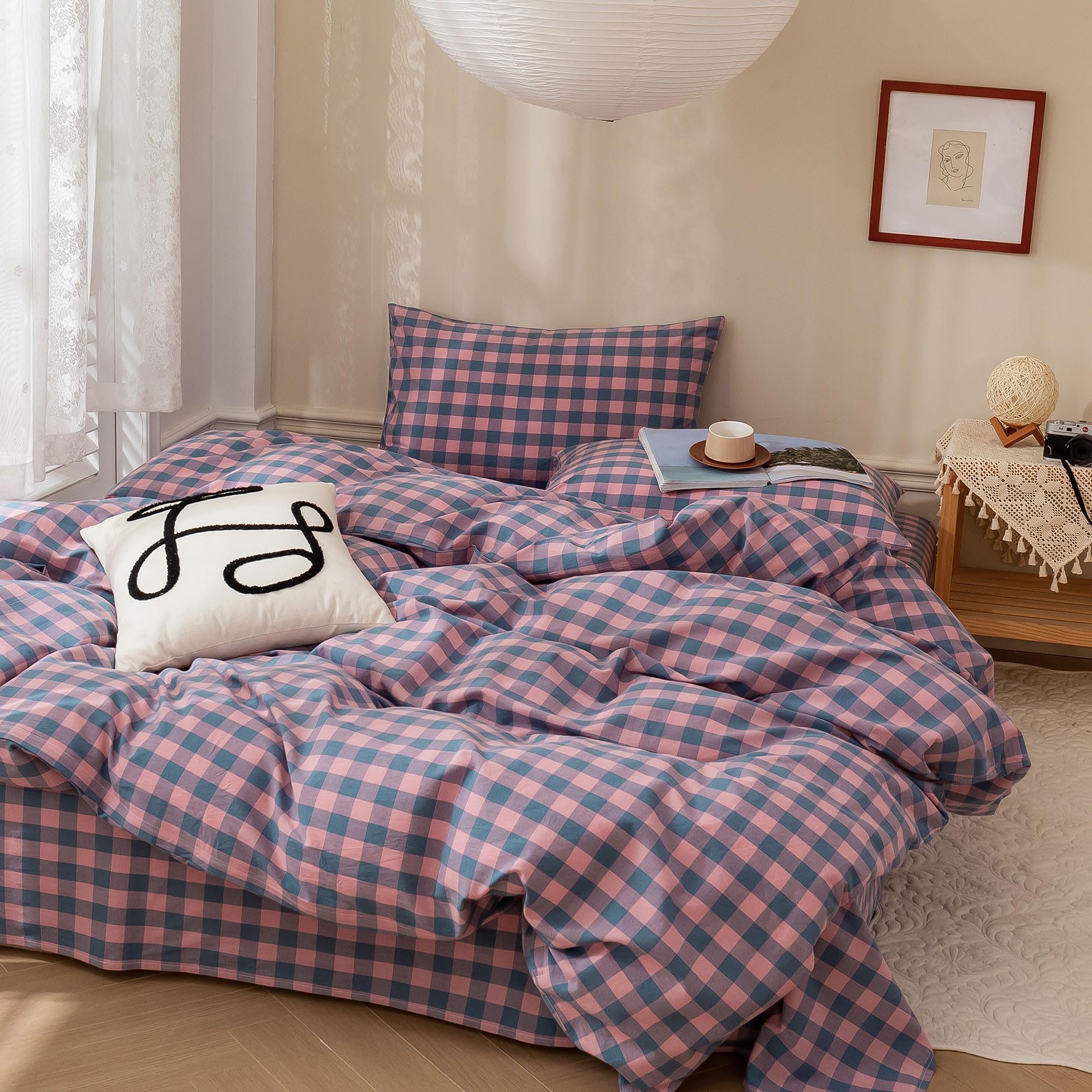 EAVD Gingham Plaid Duvet Cover King 100% Washed Cotton Pink Purple Blue