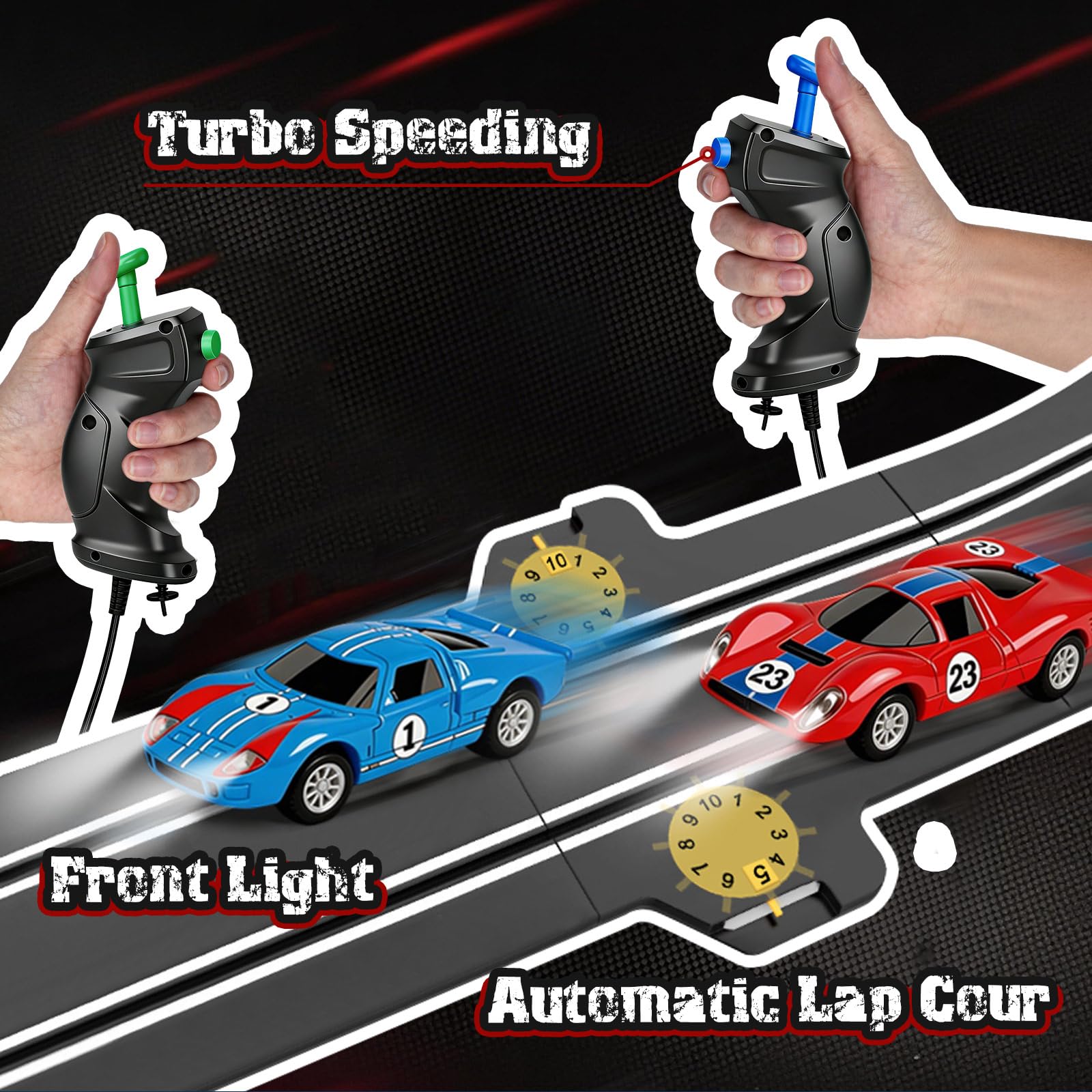 Autorennbahn, Kabellose Rennbahn Spielzeug mit 4 Slotcars, Doppelspur Rennstrecke & 2 Handreglern, Interaktives Familienspielzeug Geschenk für Kinder - 02