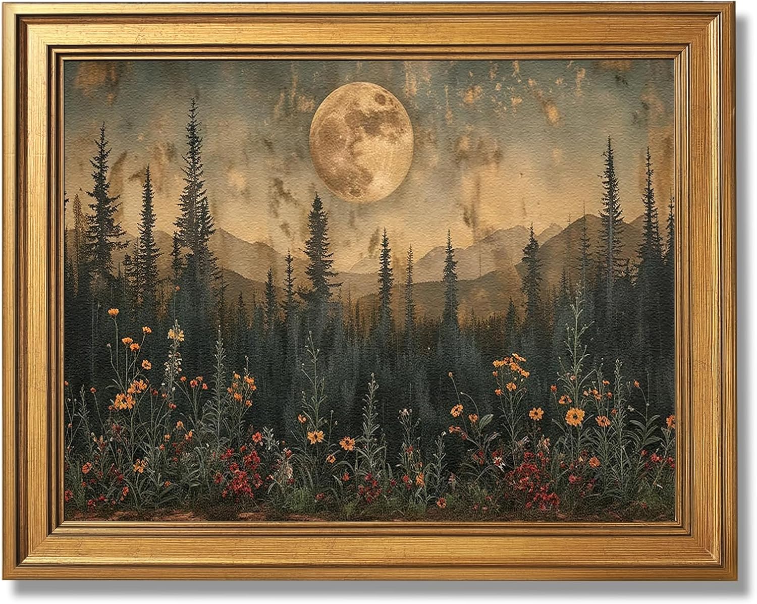 Vintage Nature Forest Wall Art Canvas Print Dark Moon Landscape Painting Woodland Wildflowers Picture Artwork Natural Scenery for Farmhouse Bedroom Living Room Wall Decor 24x36inch Golden frame