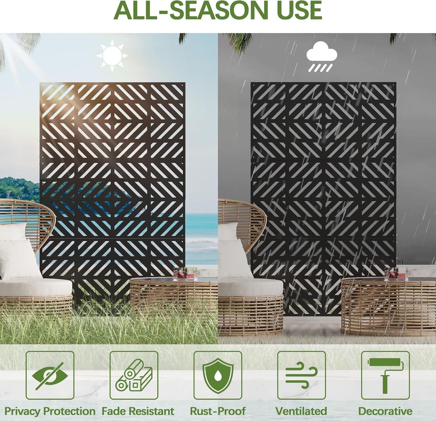 Cofar Metal Privacy Screen Outdoor 72" H×44" W -Black Freestanding Outdoor Privacy Panels with Stand, Decorative Fence for Patio, Deck, Balcony（Striped）