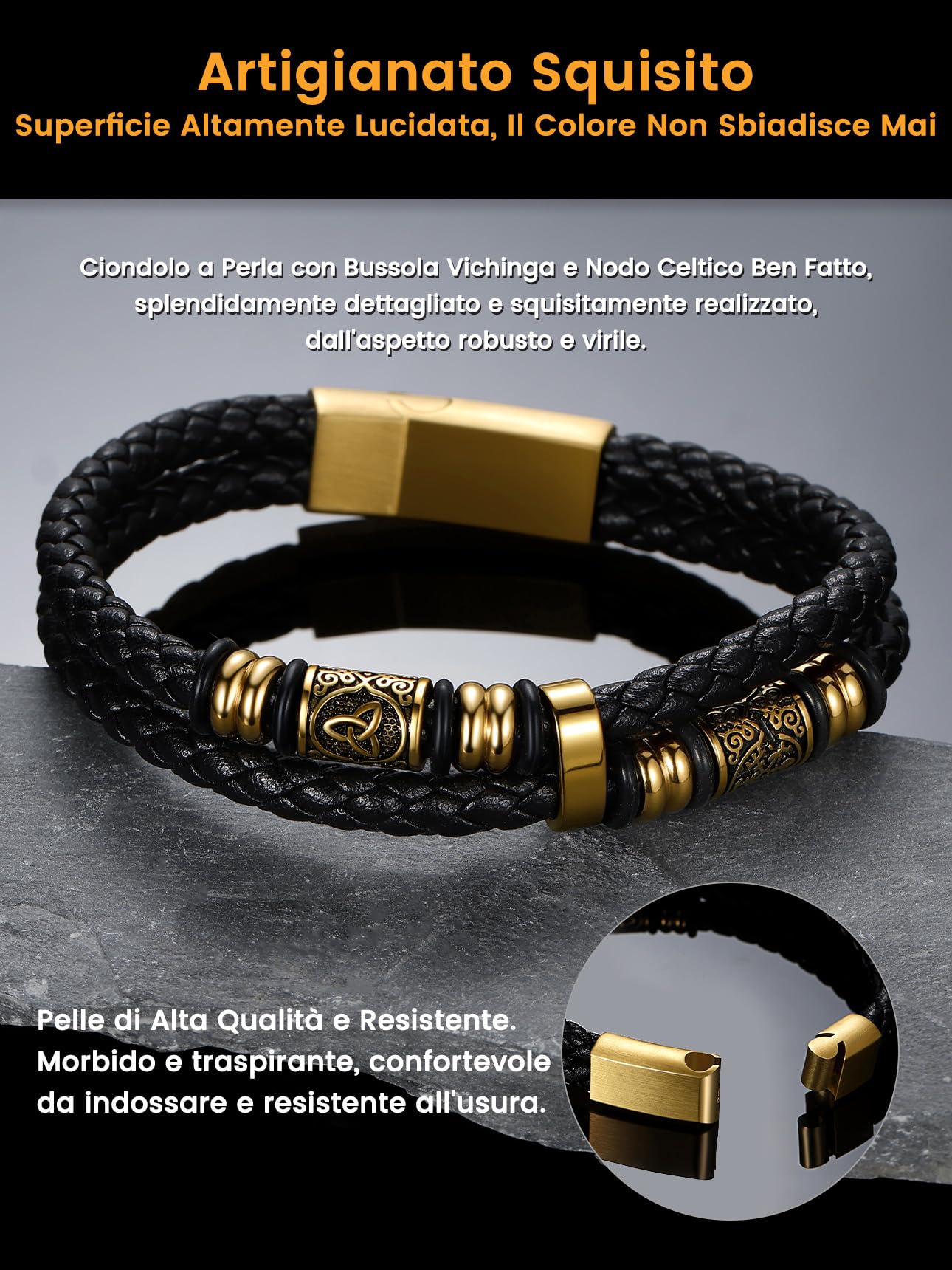 Bestyle Brcciale Uomo in Pelle Bussola Vichinga Chiusura Magnetica Elementi Vichinghi Bracciali Multistrato Impermeabile e Resistente al Sudore 19/21/23CM