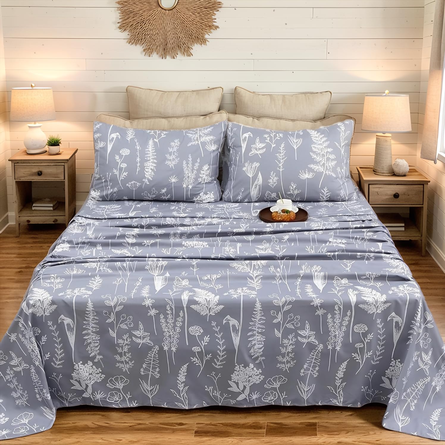 USfivefam Twin XL Floral Sheet Set, Gray Botanical Sheets Floral Printed College Bedding Toile Pattern Sheet Set with 16" Deep Pocket, 4PCS Luxury Vintage Chic Sheets for Dorm Room