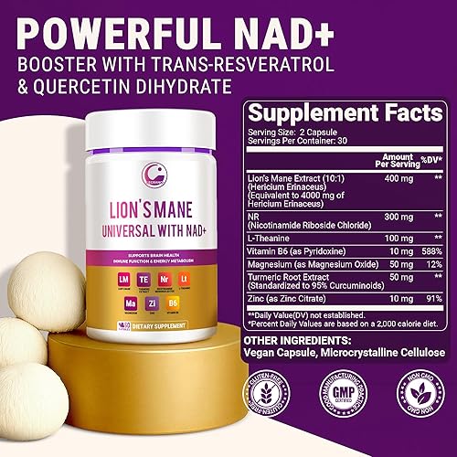 Miniatura 2 de LEGRANO Cápsulas de melena de león y suplemento NAD+ con ribósido de nicotinamida (NR), L-teanina, magnesio, zinc, vitamina B6 y cúrcuma - Fórmula