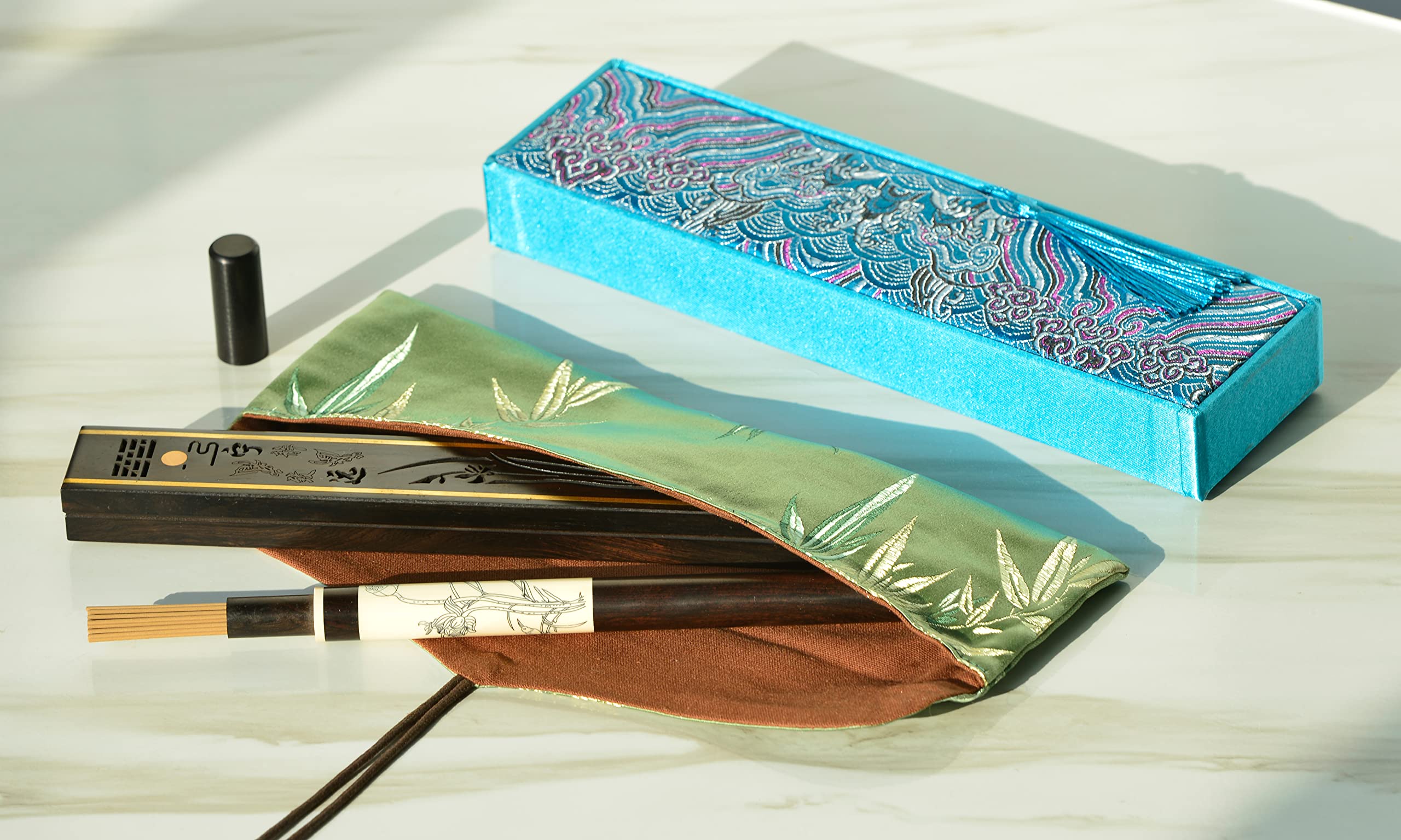 Ebony Lying Incense Burner, Ebony line Incense Pipe; Silk Storage Bag; high-Grade agarwood line Incense in Nha Trang (Ebony 8★ Set B)