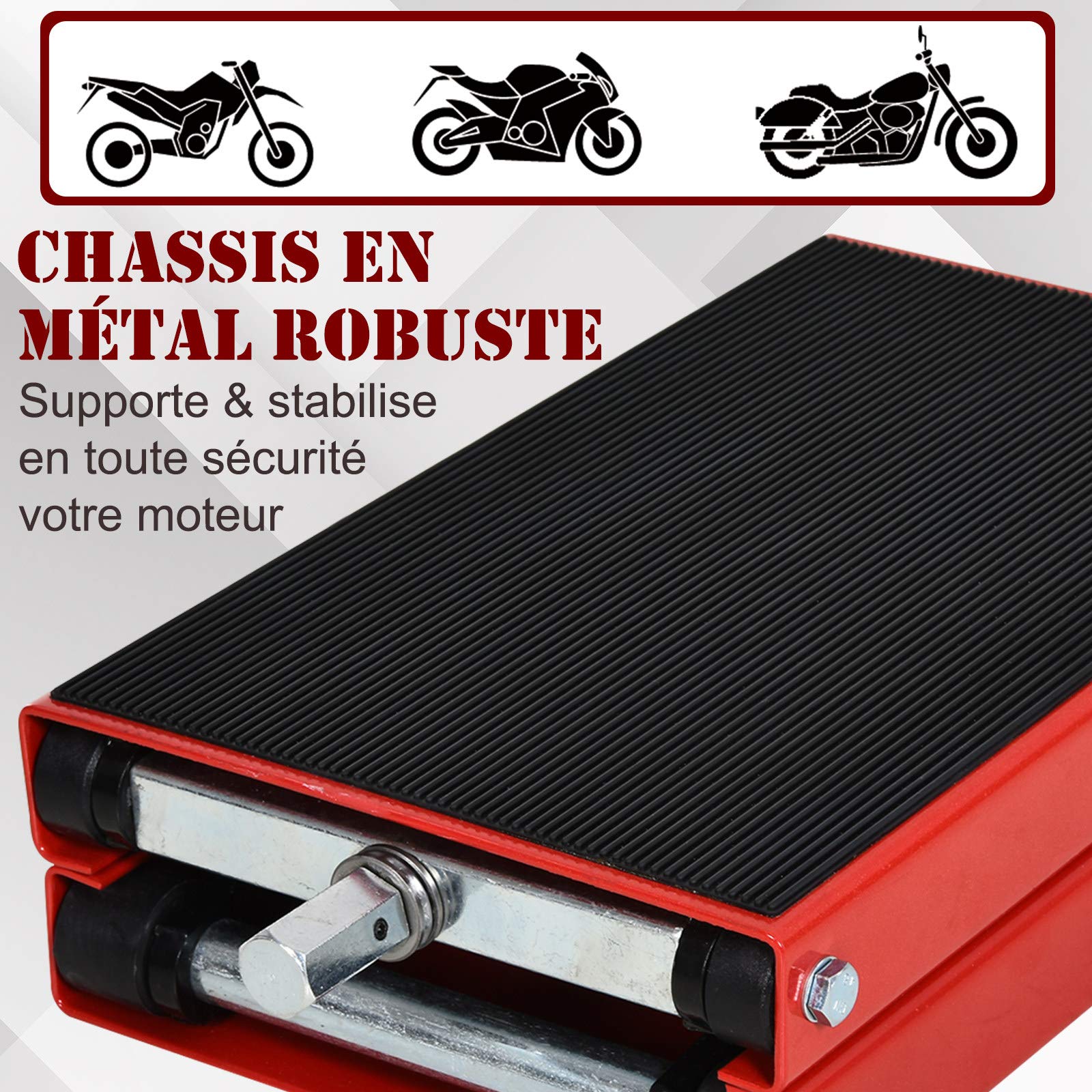 HOMCOM Lève Moto béquille d'atelier Stand Moto Tout-Terrain Moto Cross supermotard Hauteur réglable 10-37H cm Acier Charge Max. 500 Kg Rouge et Noir