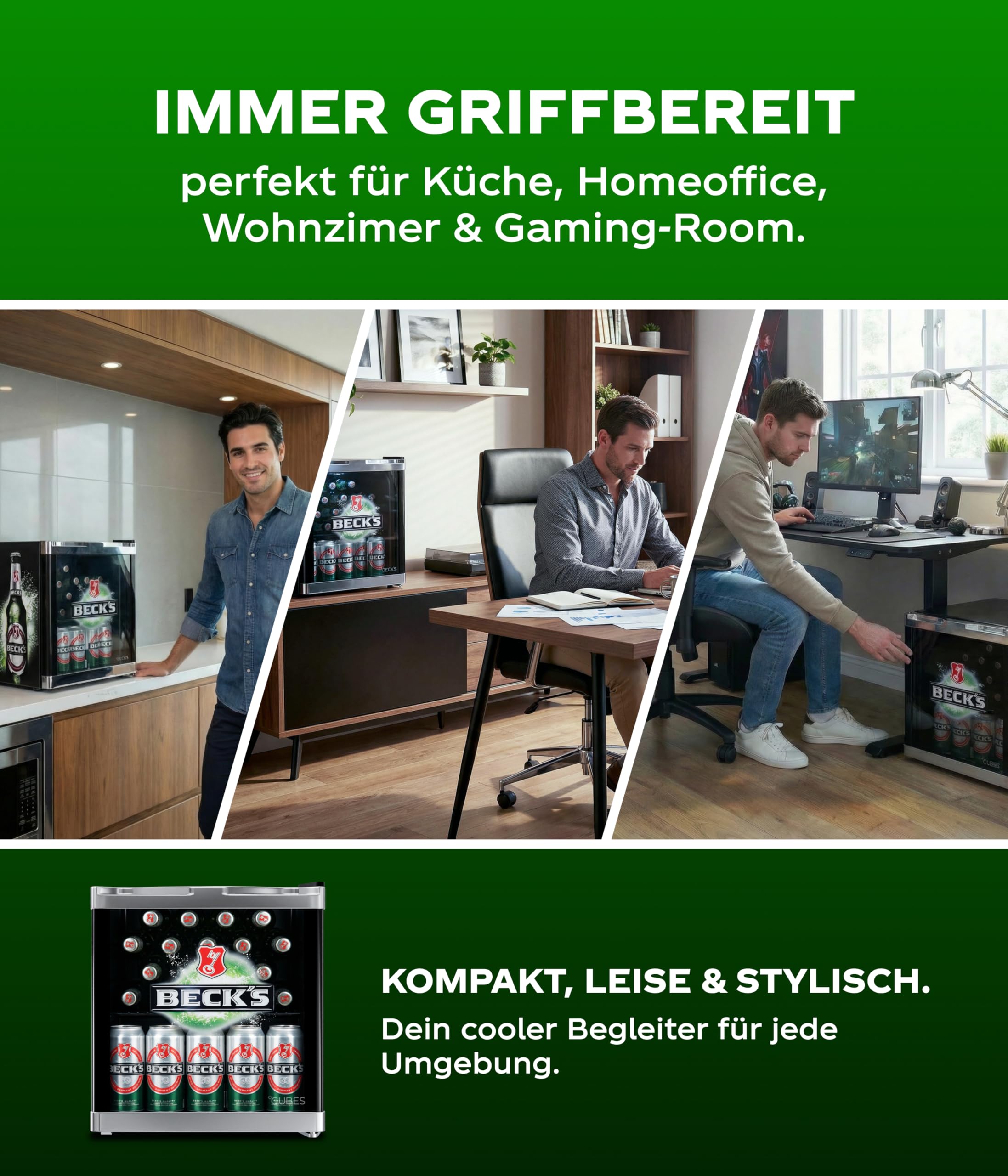 BECK’S Mini Getränkekühlschrank 48L Schwarz Grün Kompakter Flaschenkühlschrank Glastür wechselbarer Türanschlag Leise energieeffizient Getränkekühler