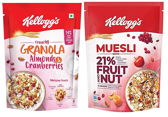 Kellogg's Combo, Kellogg's Crunchy Granola Almonds and Cranberries 460g and Kellogg's Muesli with 21% Fruit and Nut Pouch, 500 g