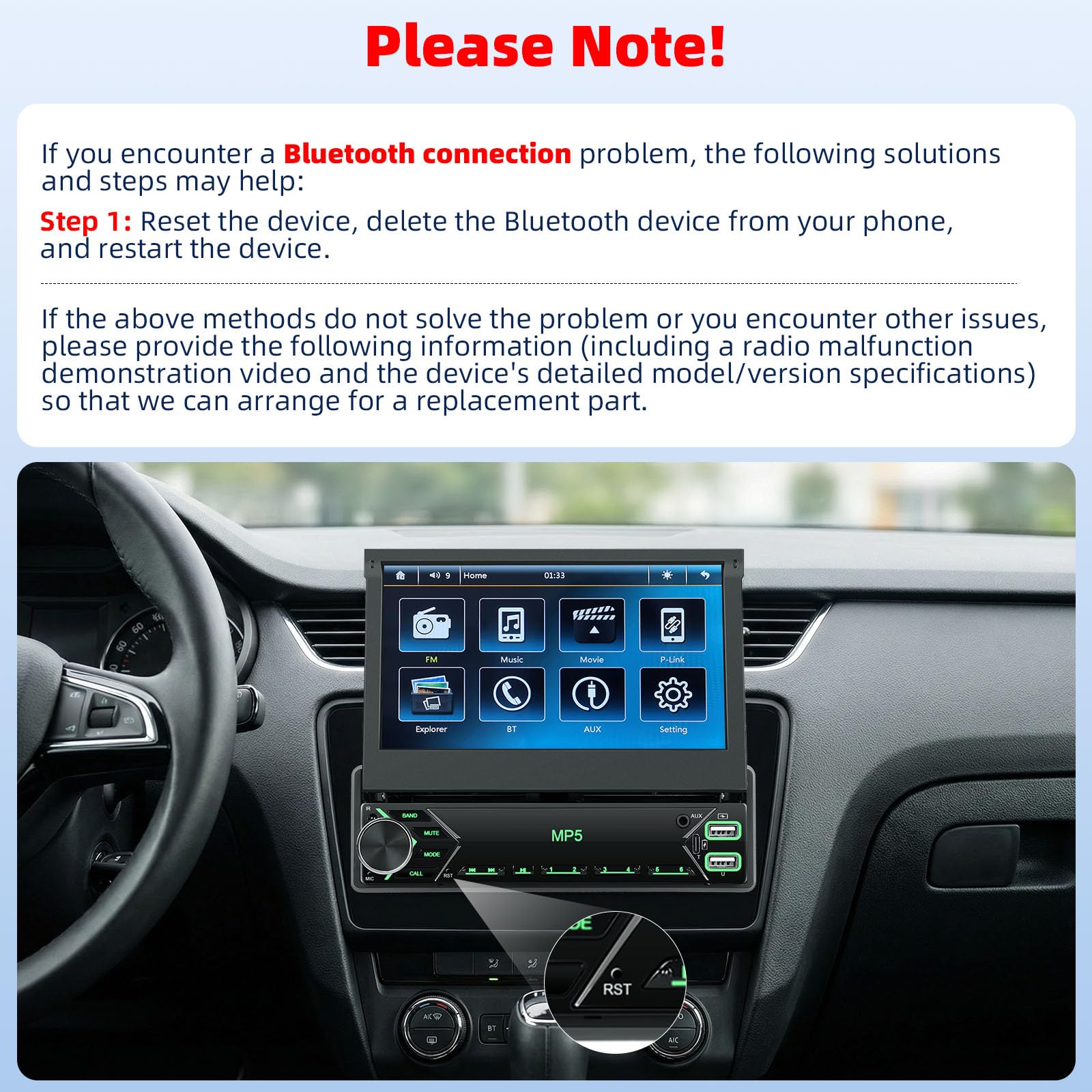 CAMECHO 1-Din Autoradio Met 7-inch Intrekbaar Touchscreen, Bluetooth, Mirror Link, FM, EQ, USB/Type-C En Achteruitrijcamera