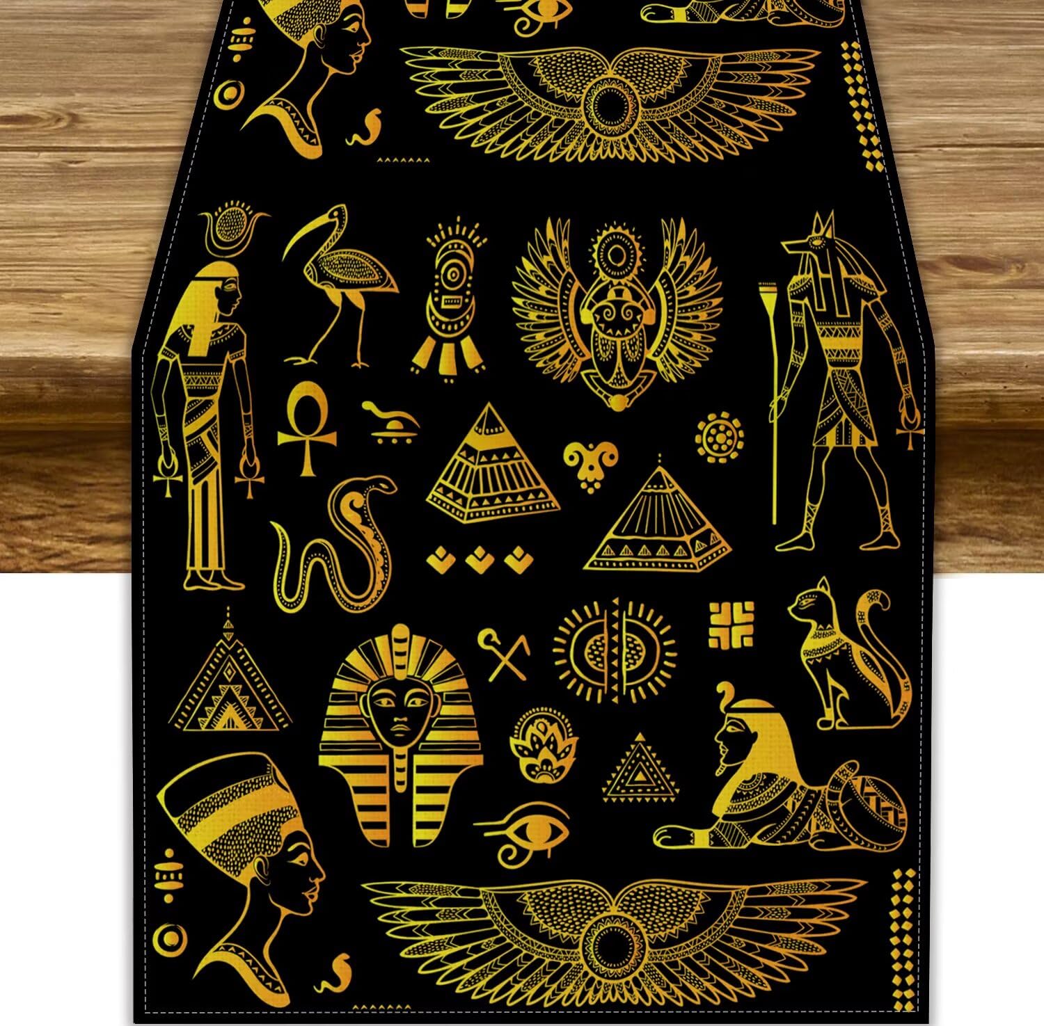 Ancient Egypt Table Runner,Vintage Egyptian Gold Black Mysterious Egypt Ethnic Tribal Coffee Kitchen Dinner Table Decoration Holiday Party Home Decor 13x90in