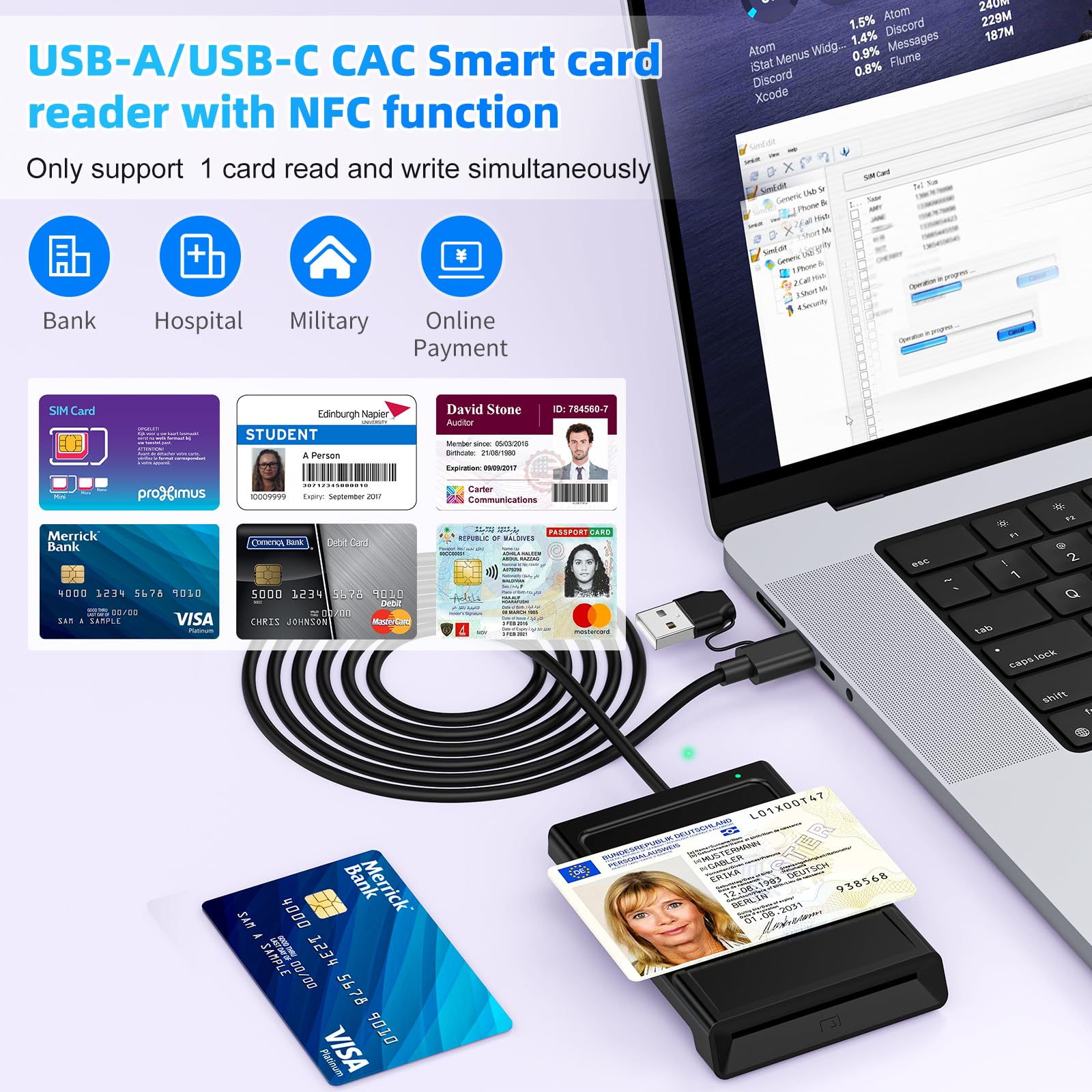 2IN1 USB-A & USB-C Chipkartenleser mit NFC, USB Smart Card Reader Kartenlesegerät DOD Military Kartenleser für den neuen Personalausweis Bankkarten kompatibel mit Windows, Linux, Android,95cm Kabel