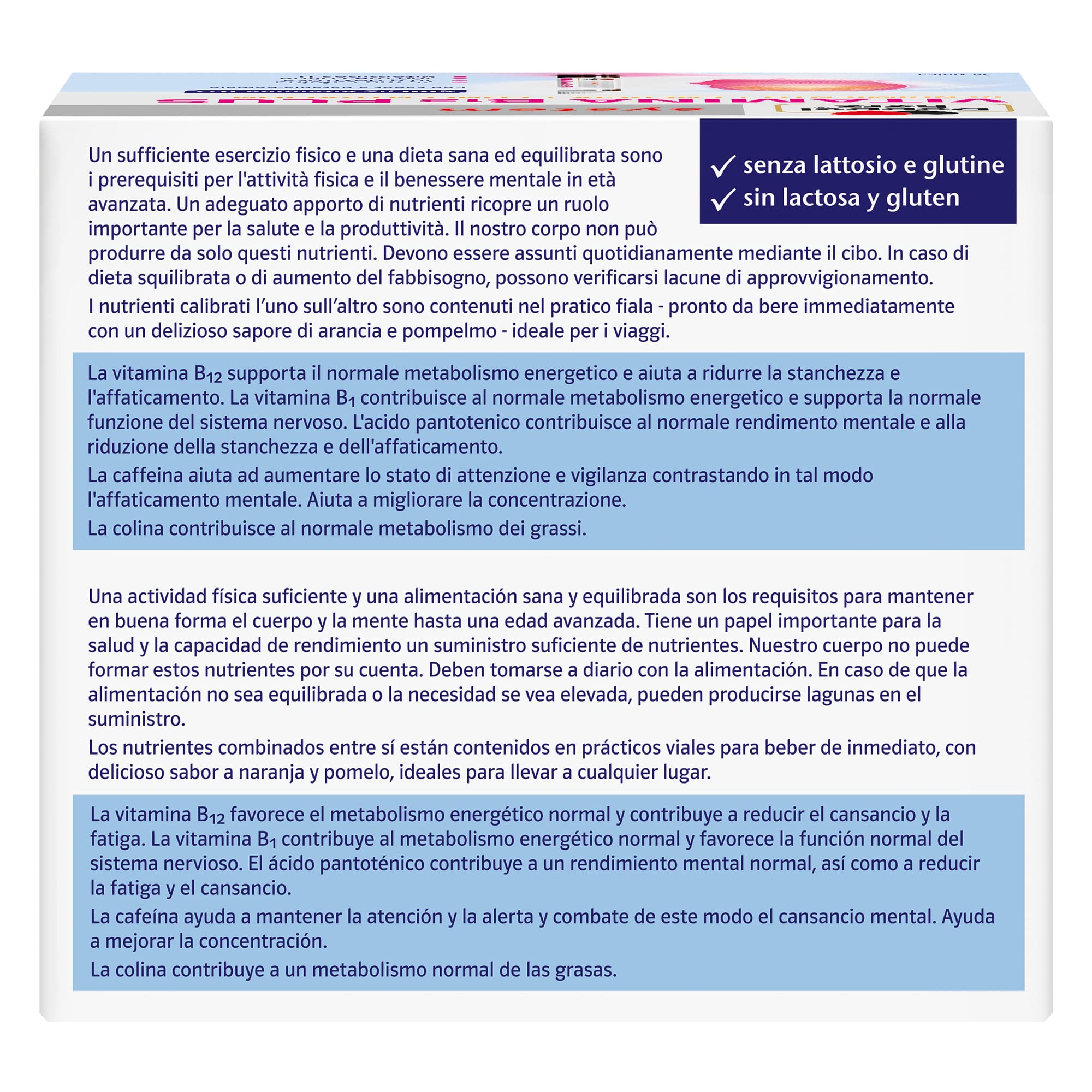 Doppelherz system VITAMINA B12 PLUS - Integratore Alimentare con Destrosio, Vitamine del Gruppo B, Caffeina e Colina, Sapore Arancia e Pompelmo - Senza Glutine e Lattosio - 30 Fiale