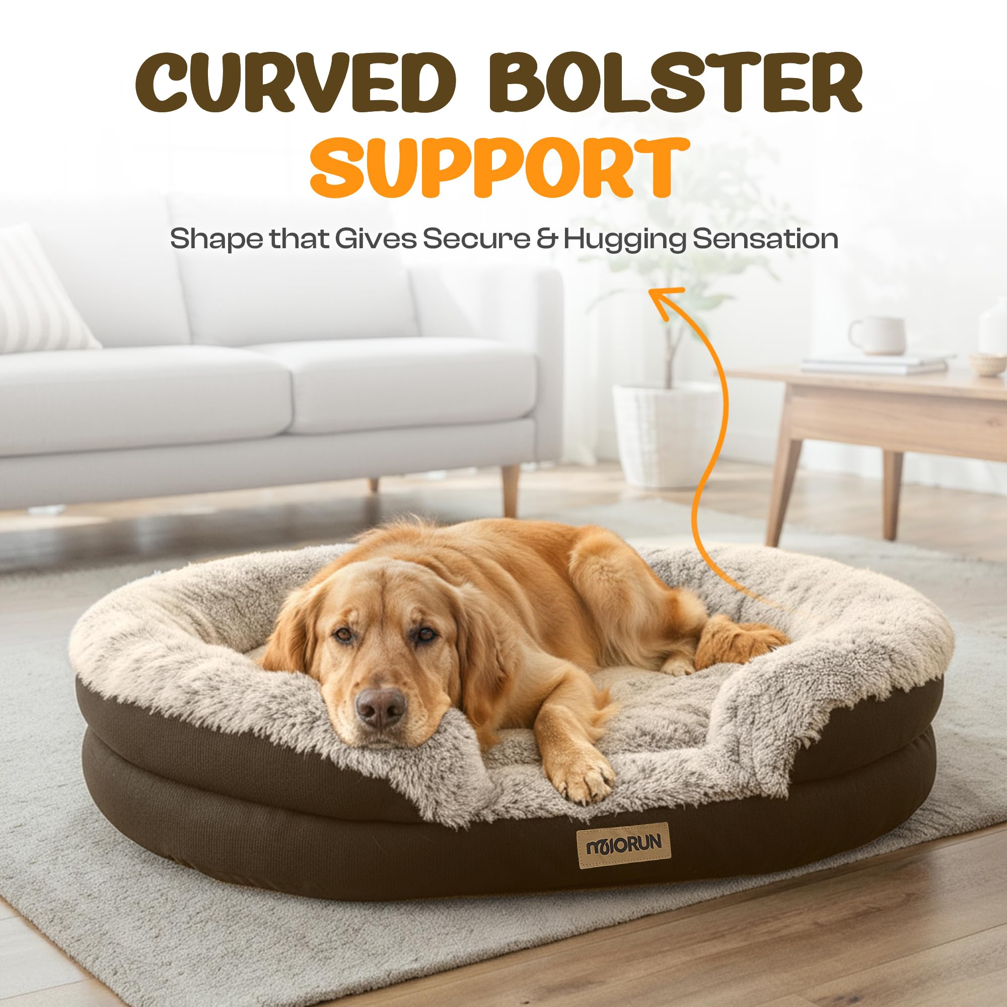 Fluffy Orthopedic Dog Bed for Extra Large Dogs, Calming Plush Sofa Bed with Curved Bolster Support and Egg-Crate Foam Base, 48" Cozy Oval Pet Donut Bed with Washable Cover, Coffee - image 6