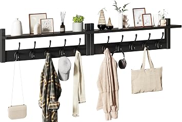 YMYNY 120cm Coat Hooks Wall Mounted with Shelf, Black HWS004B-2