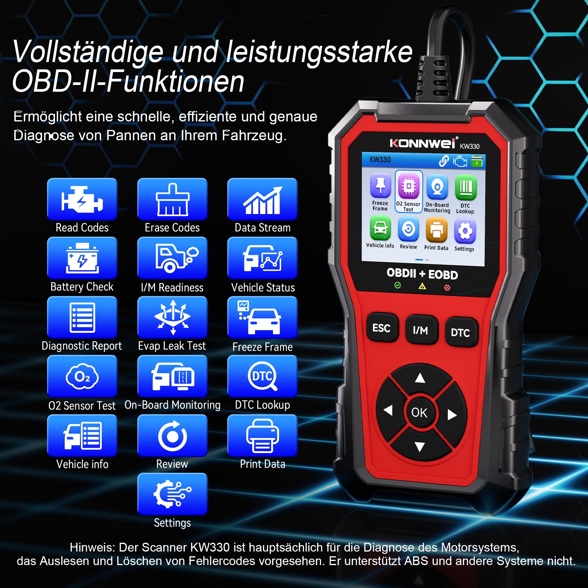 OBD2 Auto Diagnosegerät ,KFZ Auslesegerät mit Batterie Test & DTC Bibliothek, OBDII/EOBD Scanner mit Vollständigen Funktionen, Diagnosegerät Mit Alle Systemdiagnosen,Kompatibel mit OBD2 Fahrzeugen