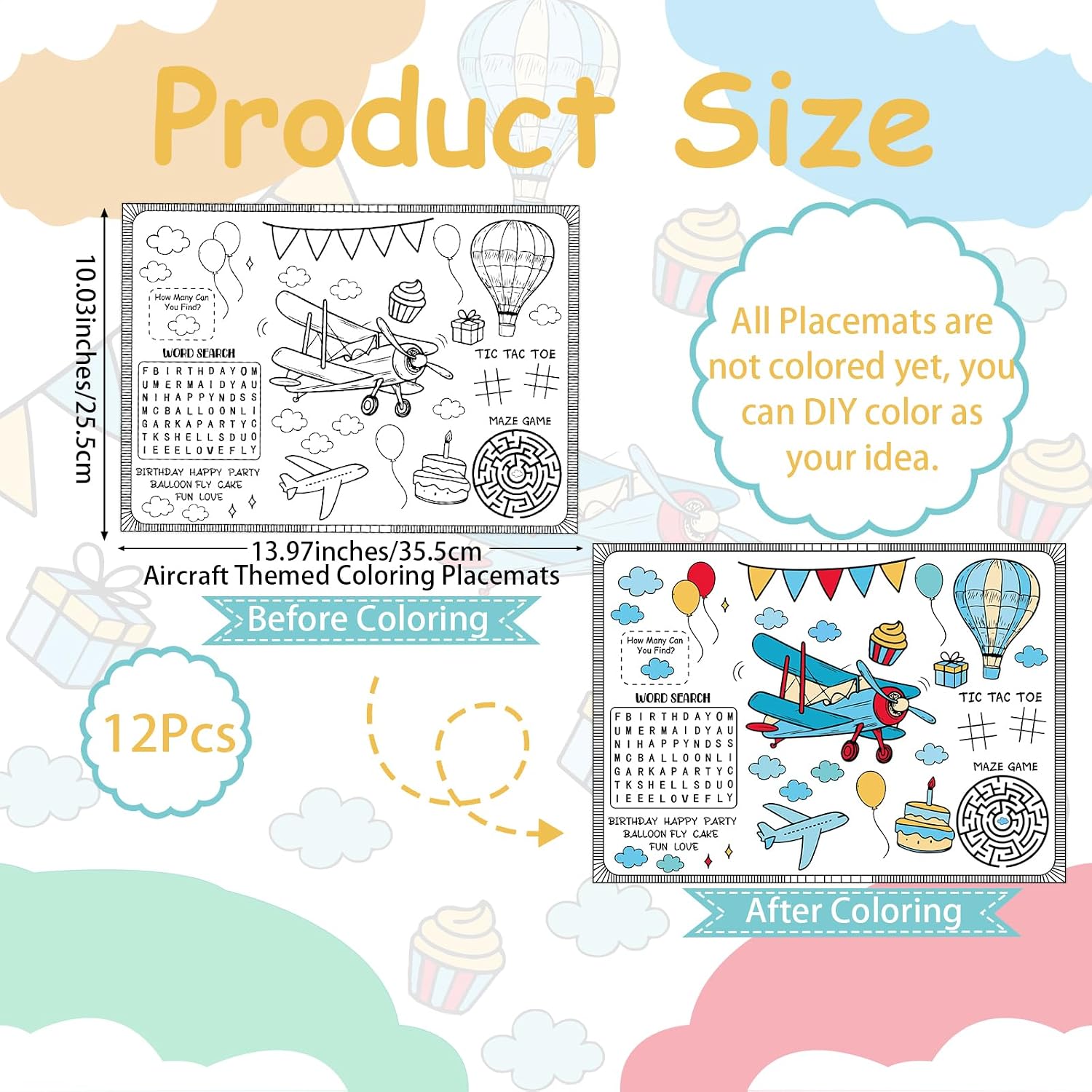 12PCS Airplane Birthday Coloring Placemats Airplane Coloring Sheet Table Mats Camping Table Decors for Plane Themed Birthday Decors Home School Classroom Party Activities Games Favors image 4