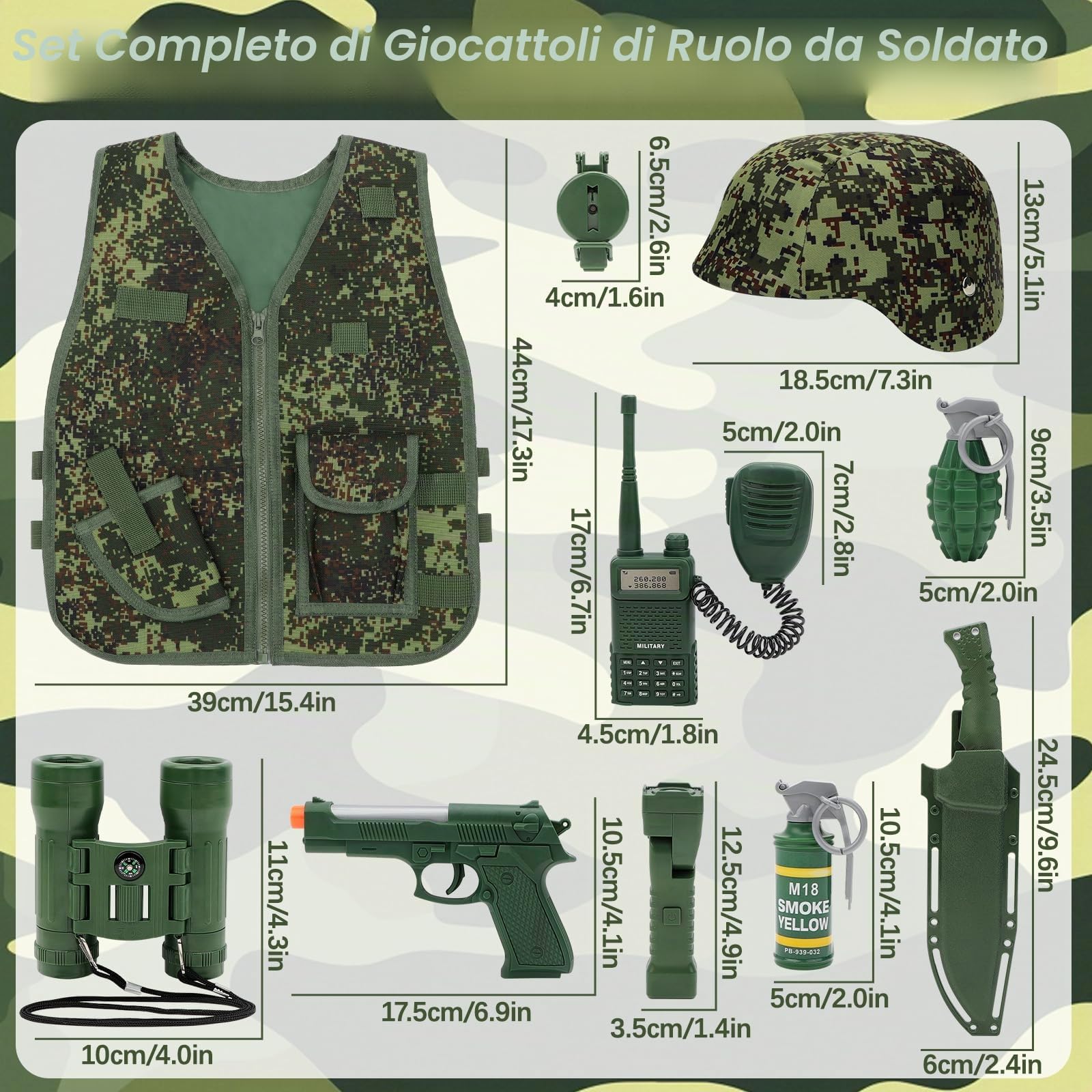 deAO Costume da Soldato per Bambini, Set Travestimento Militare Mimetica | Elmetto, Binocolo, Pistola Giocattolo, Granate Giocattolo, Accessori per Soldato Militare - Set per Gioco di Ruolo, 3 Anni+