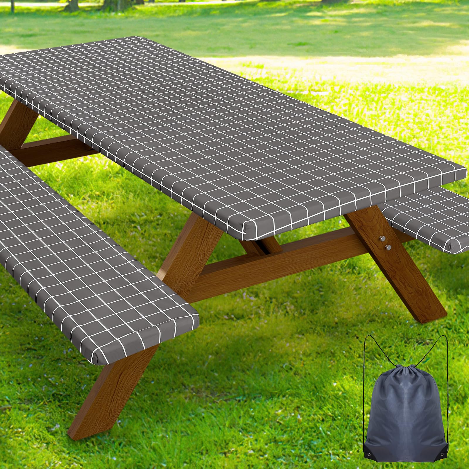 Smiry Picnic Table Cover with Bench Covers, Waterproof Elastic Fitted Tablecloth for 6 Foot Tables, Washable Polyester Tablecloths for Camping, Indoor &amp; Outdoor (Grey &amp; White, 30x72 Inch 3-pc Set)