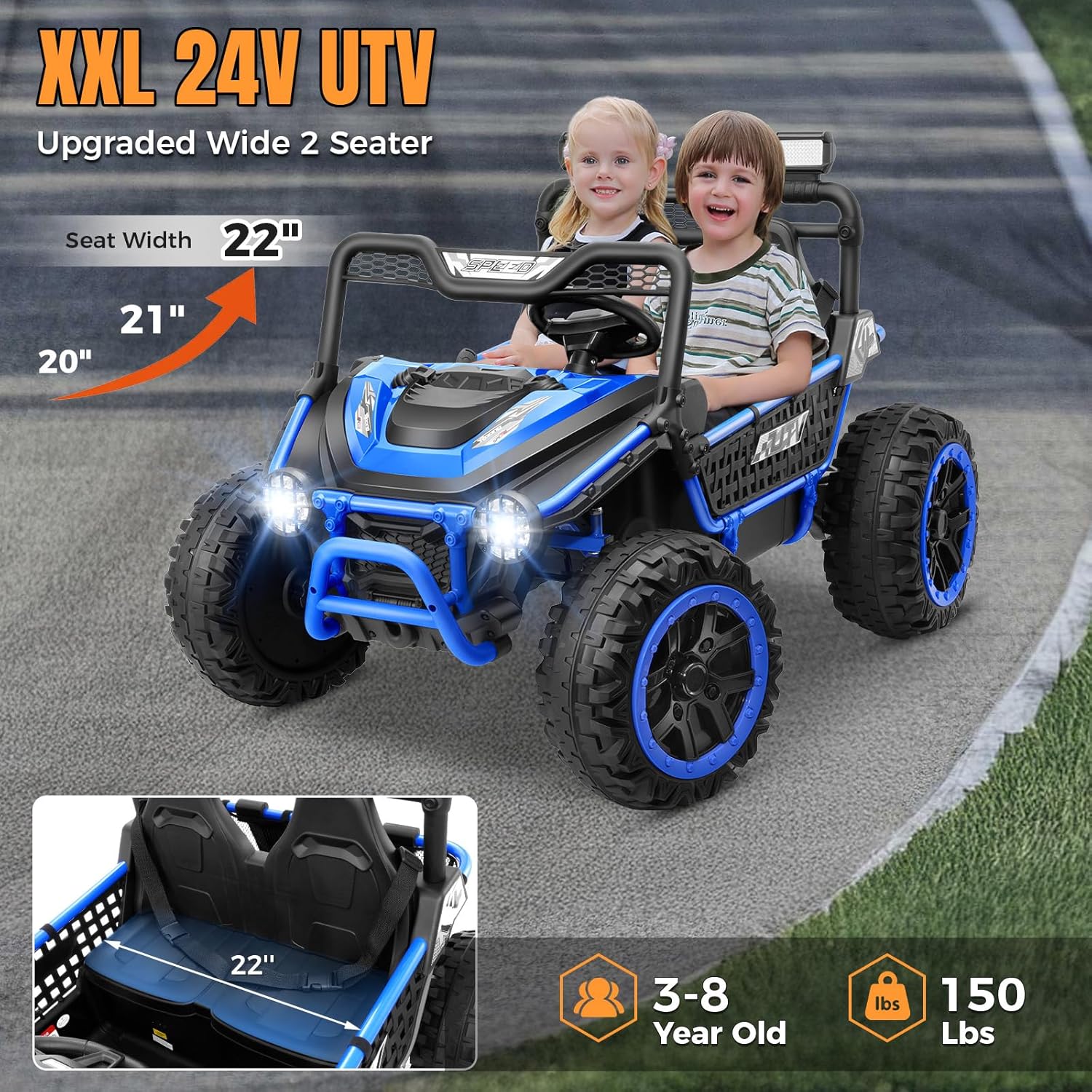 Hikole 24V Ride on Toys for Big Kids, 2-Seater Gift UTV for Siblings Ages 4-8 with Parent Remote Control, All-Terrain Wheels & Metal Frame for Outdoor Play, Key Start, XXL 22" Wide Seat, Blue