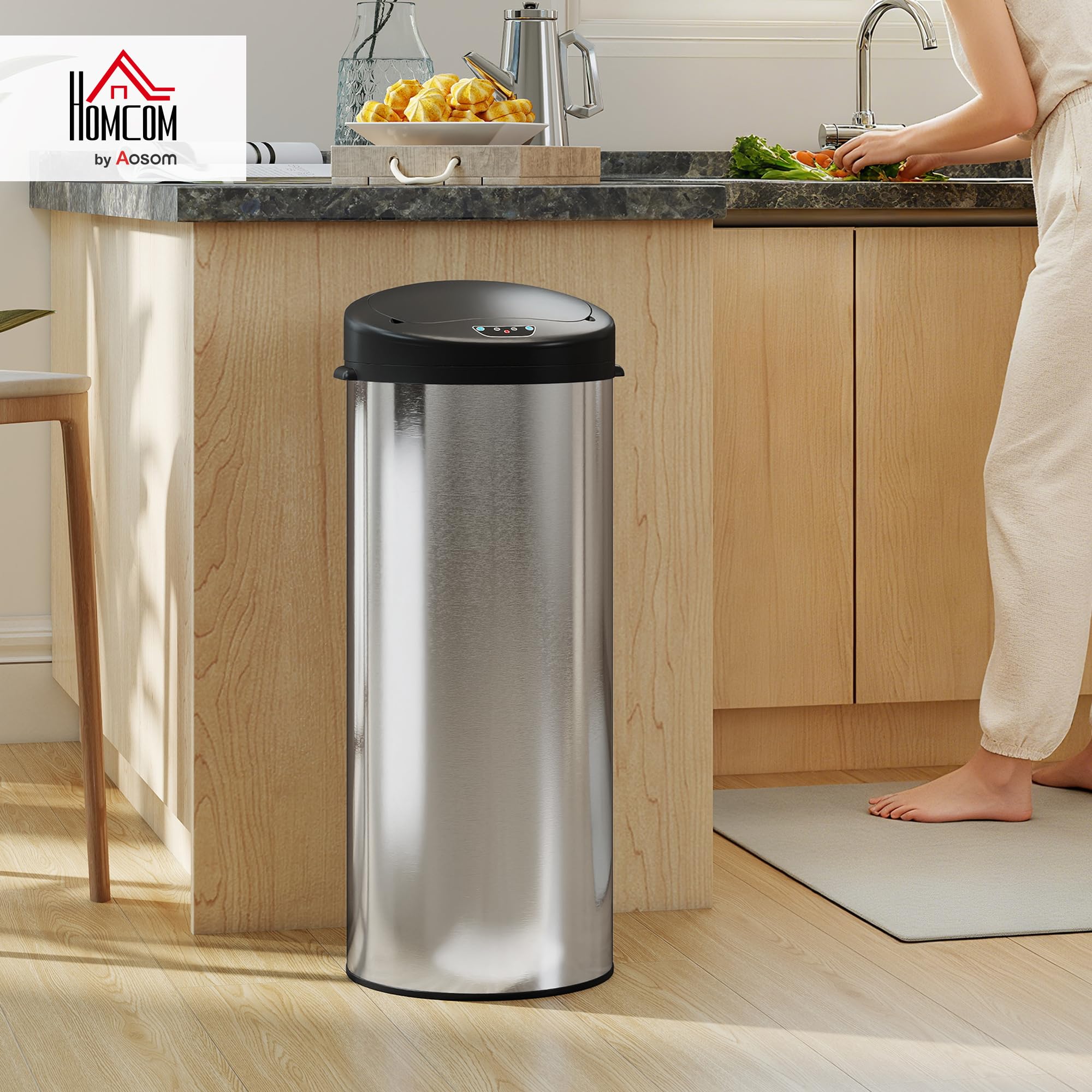 HOMCOM Cubo de Basura Cocina Automático 55 L con Sensor Infrarrojo, Papelera de Cocina de Acero Inoxidable Antihuellas con Cierre Suave y Anillo para Hogar, Oficina y Dormitorio, Plateado