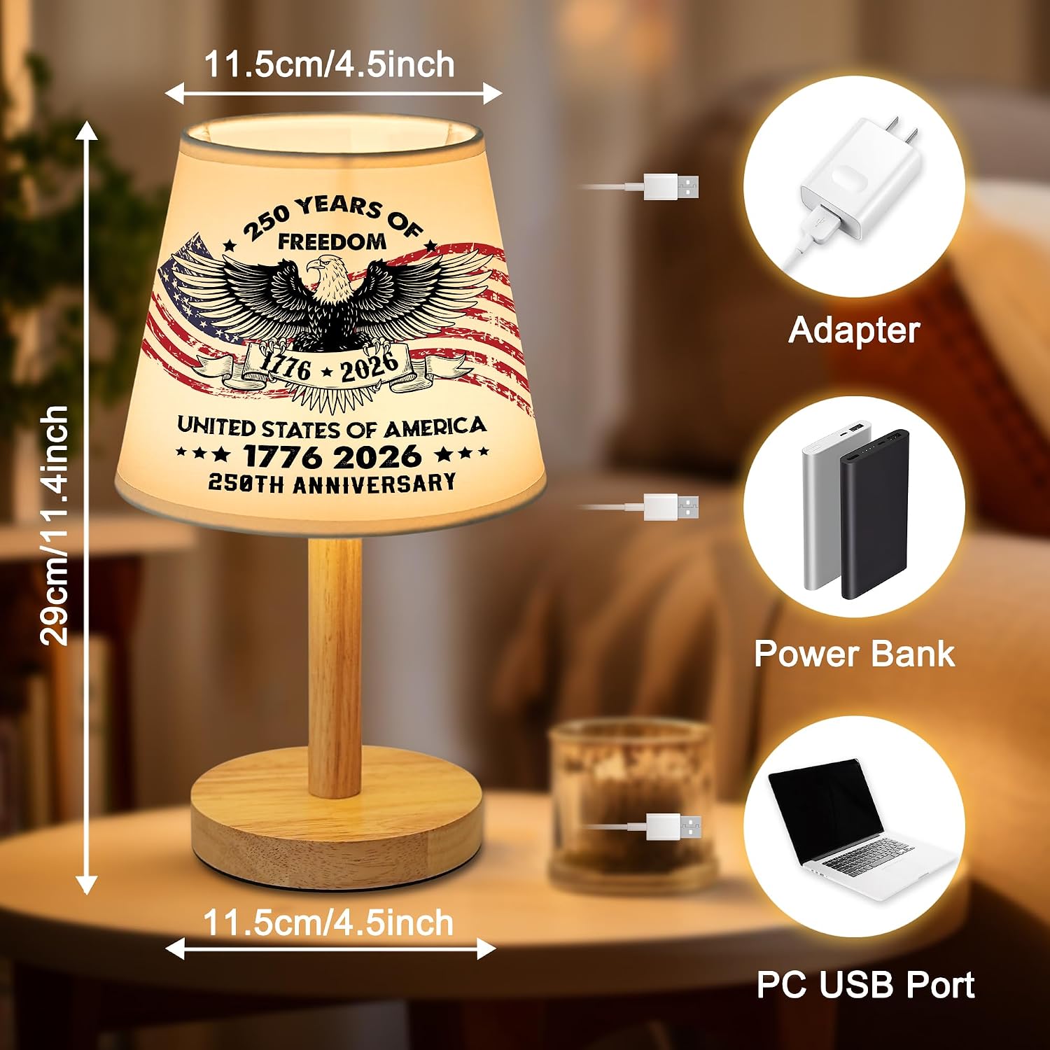 250th Anniversary 1776-2026 Printed Table Lamp, 3 Color Modes & Stepless Dimming Patriotic Lamp, Gifts for Men Women, Independence Day Decor for Bedroom Living Room Home Office (250 anniversary usa)