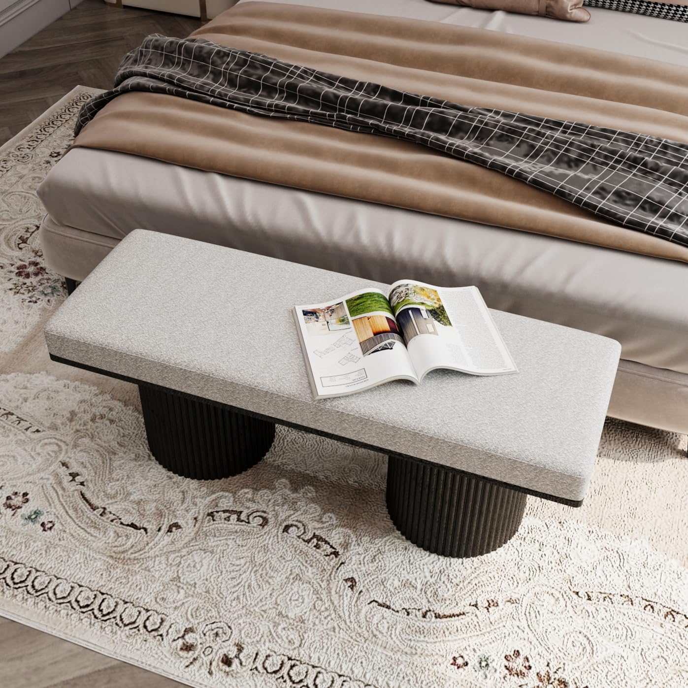 Christopher Knight Home Galileo 48" W Boucle Bench, Upholstered Bench, End of Bed Footstool, Hallway Footrest, Wooden Legs Frame, Rectangular Spacious Chair, Comfort Seating for Dining Living, Black