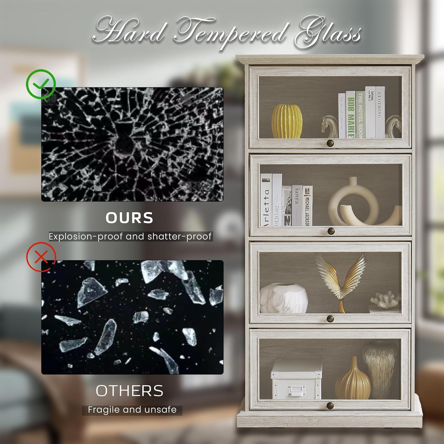 63" Tall Behind The Door Bookshelf with Flip up Glass Doors, Farmhouse Barrister Bookcase with Shelves, Antique Display Curio Cabinet for Collectibles, Office, Living Room (White)