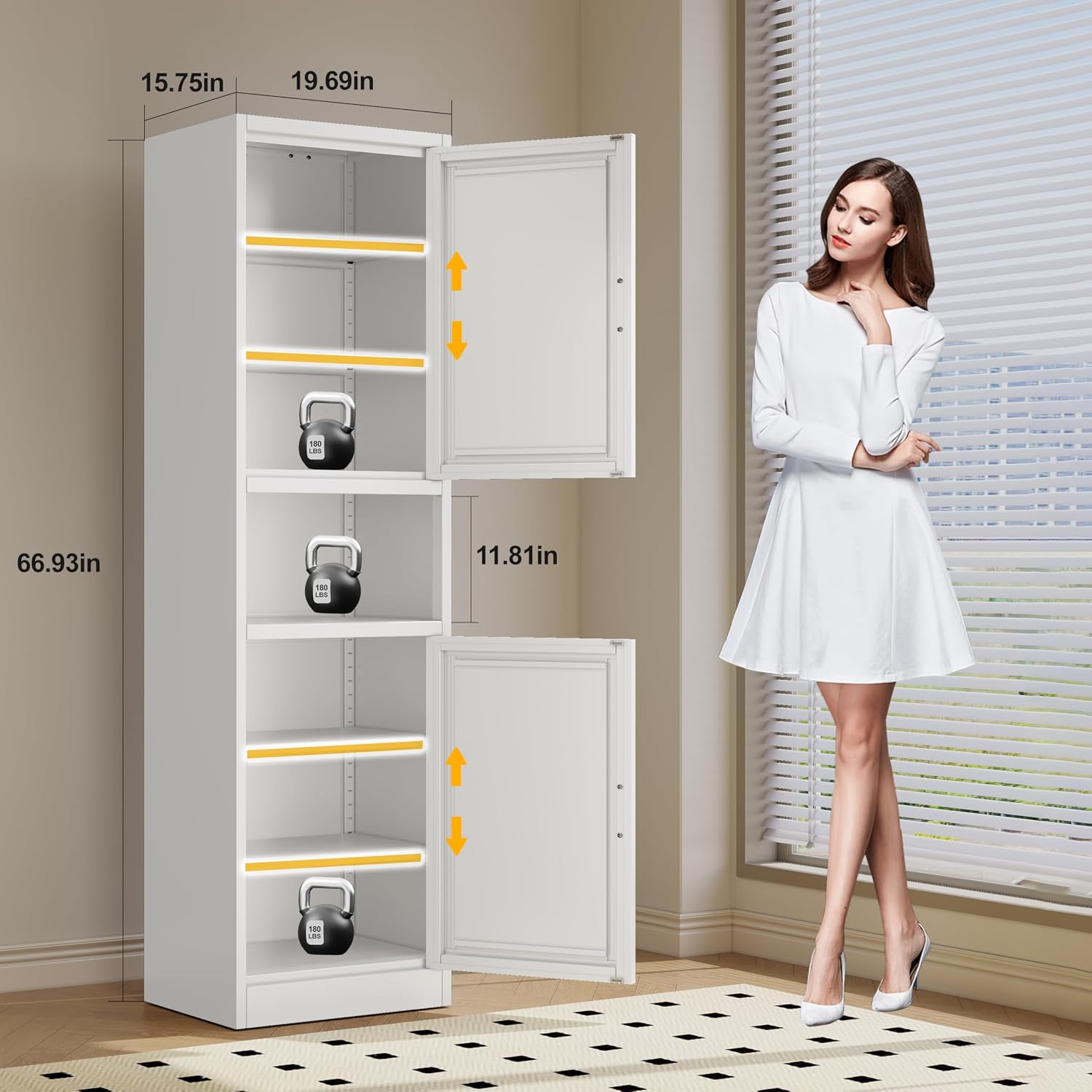 GAIOUS 66.93" Tall Bathroom Storage Cabinet, Metal Storage Cabinet with 2 Doors & Shelves, Small Space Freestanding Steel Bathroom Organizer with Open Countertop for Kitchen Living Room, White