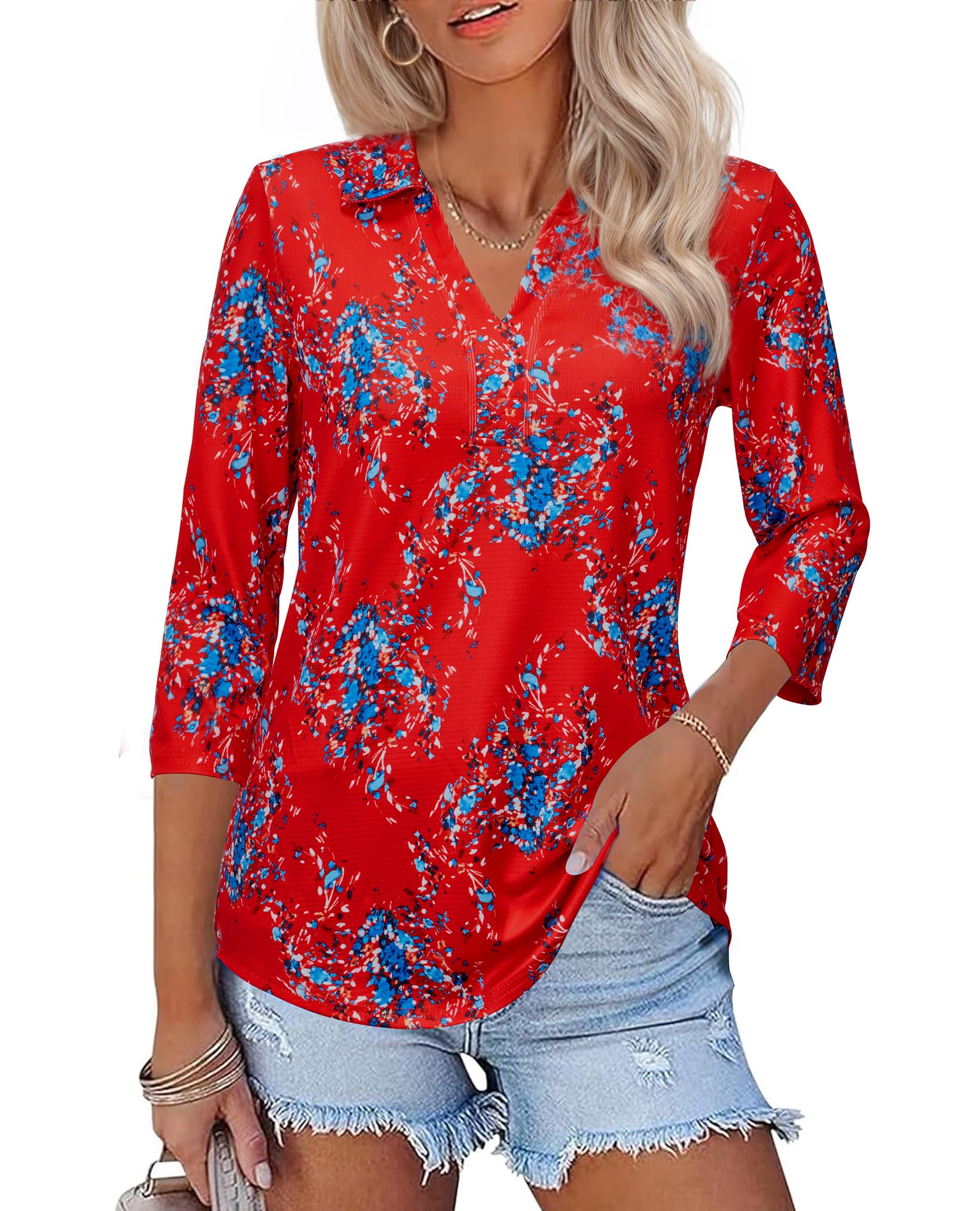 Womens Spring Tunic Tops 2025 3/4 Sleeve Polo Shirts V Neck Collared Tops Business Casual Work Blouses Dressy