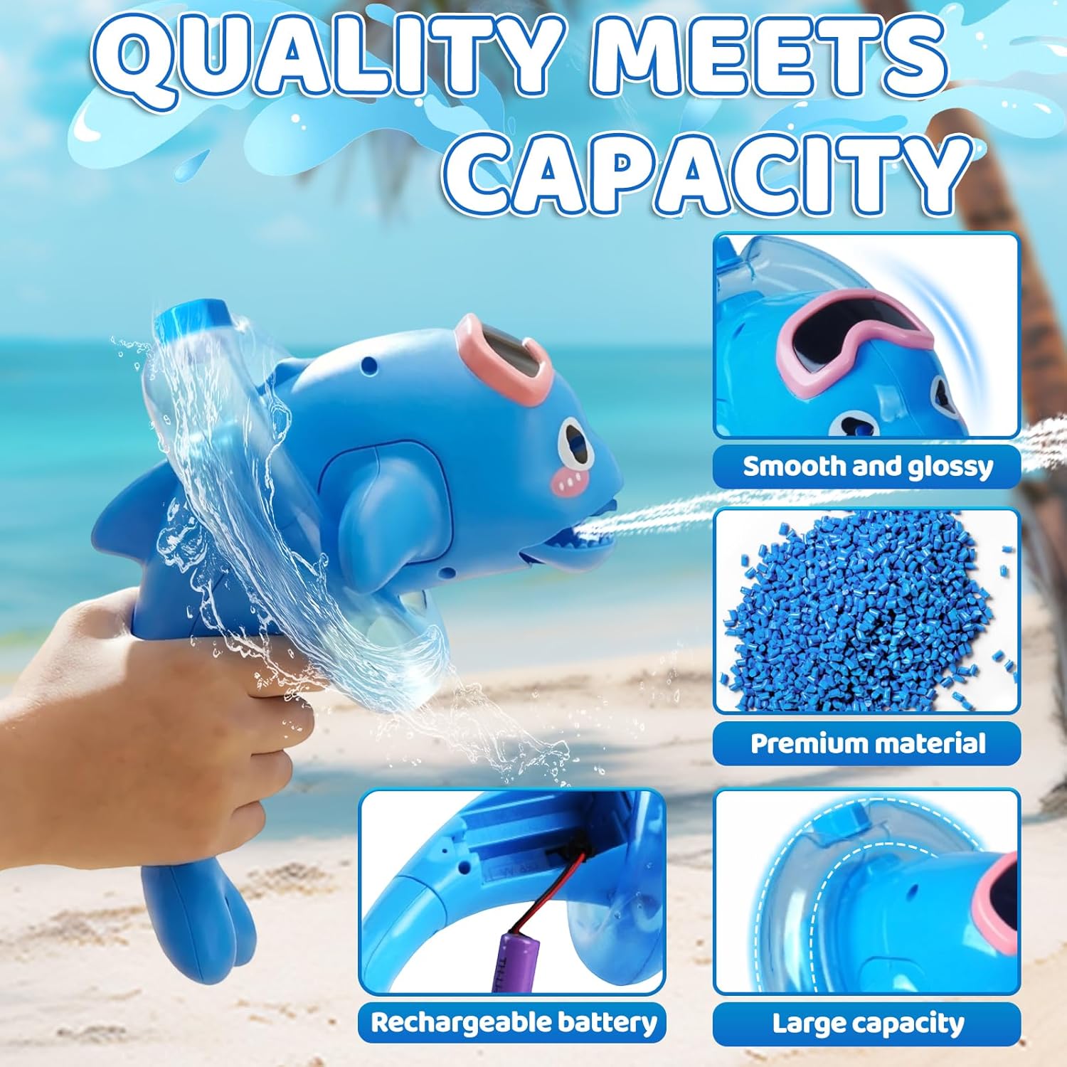 Electric Water Gun for Kids - Blue Dolphin Automatic Squirt Watergun Toy with Sound and Light, 32FT Long Range, Summer Outdoor Beach Pool Toys for Boys and Girls, Birthday Gift for Toddlers