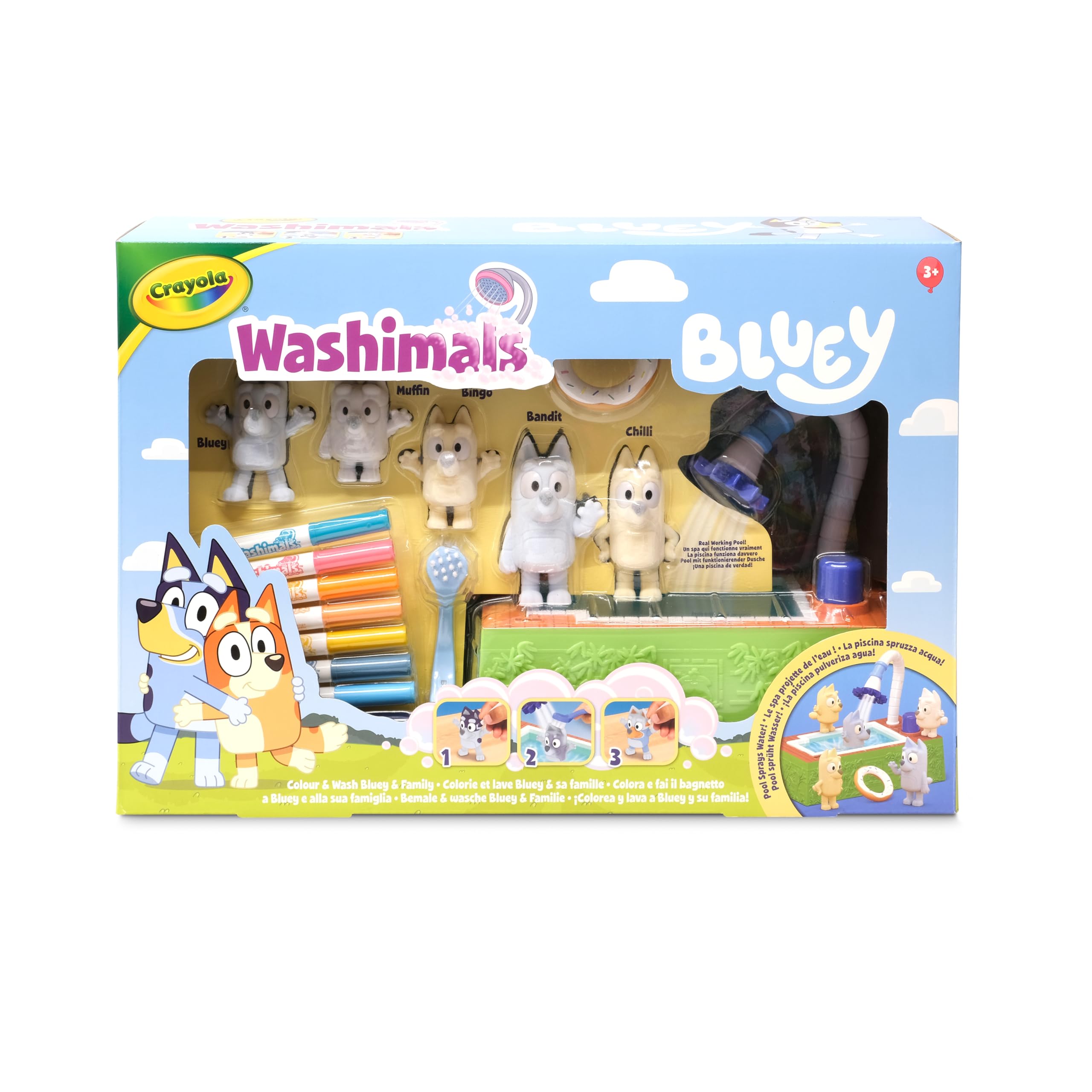 Crayola - Washimals Bluey, zestaw kreatywny zawierający basen i 5 szczeniąt, 8 flamastrów zmywalnych, działający basen, koło ratunkowe, szczoteczkę, zabawa i prezent dla dzieci, od lat 3, 74-0257