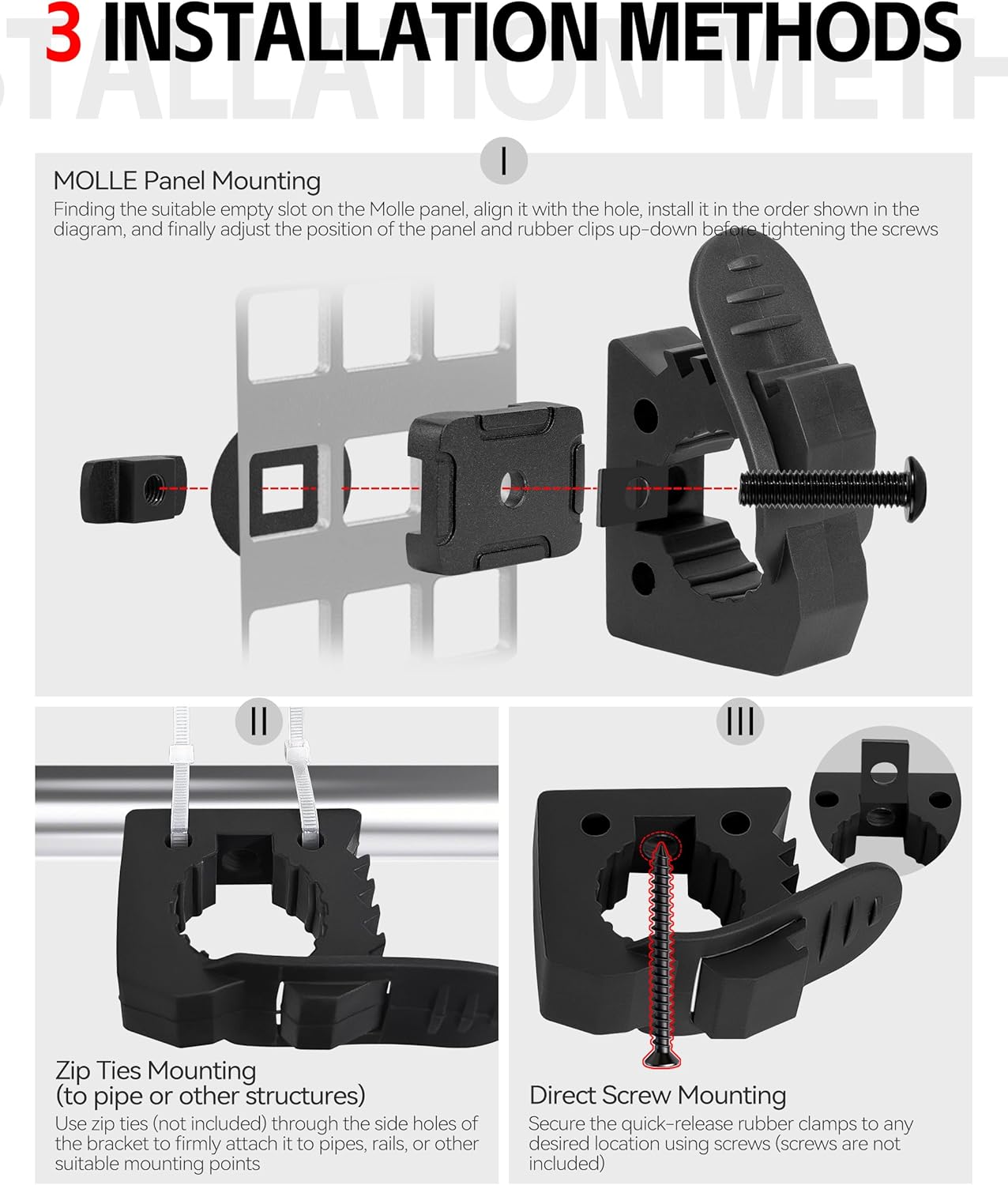 2 Pack Quick Release Rubber Clamps for MOLLE Panel - Heavy Duty Shovel Holder for Truck, Axe Mount Fit 1-2 inch Tactical Slots, Accessories Adapter Mount for Securing Tools 1-1/7″ to 1-3/7″ Diameter